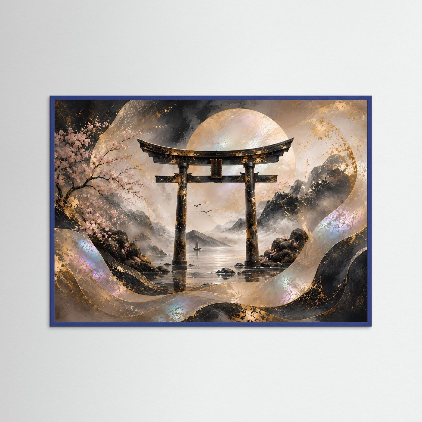 Poster mit japanischem Torii und Mond über Wasser, blau gerahmt, Querformat.