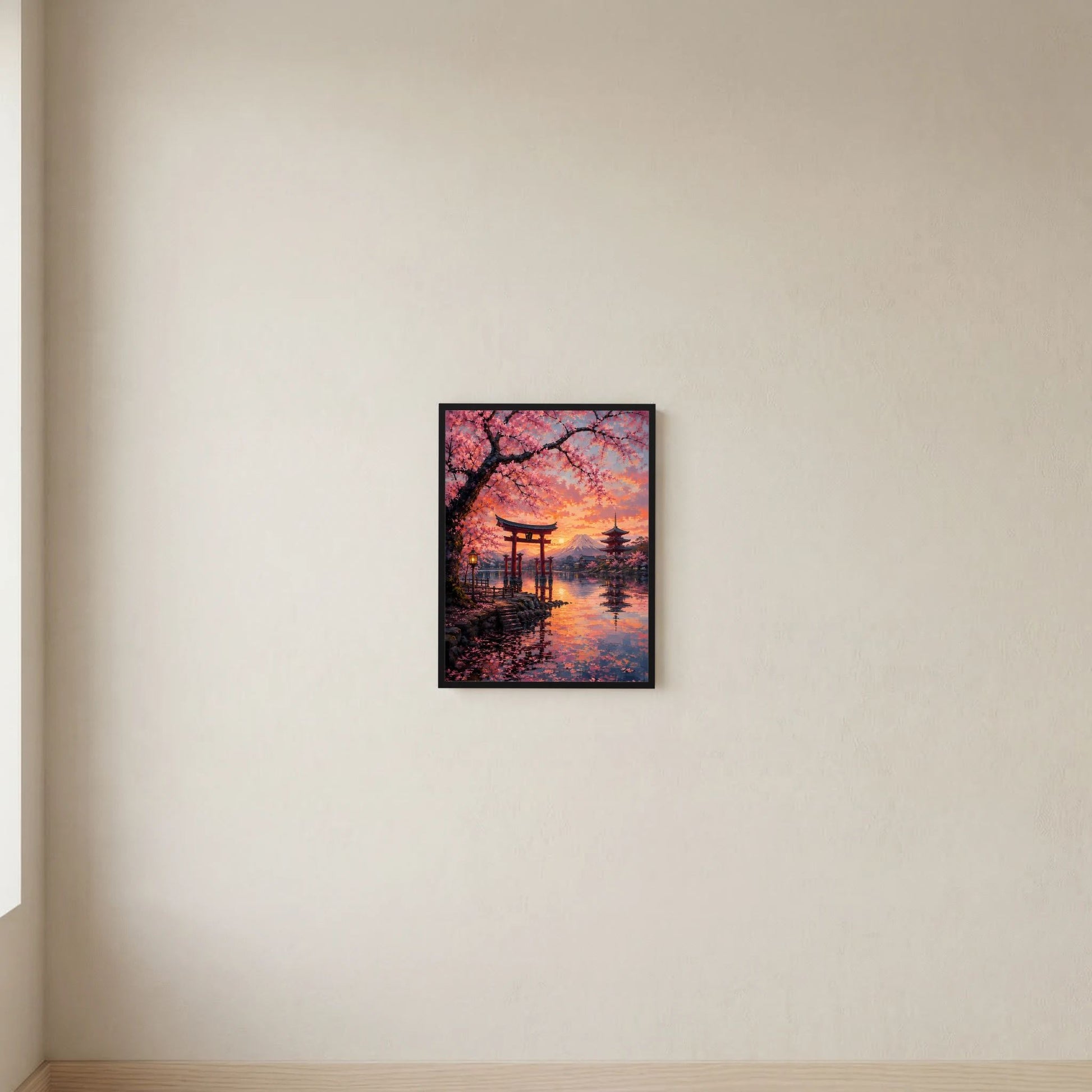 Schwarz gerahmtes Poster mit Torii, Kirschblüten und Fuji über Wasser im warmen Abendlicht