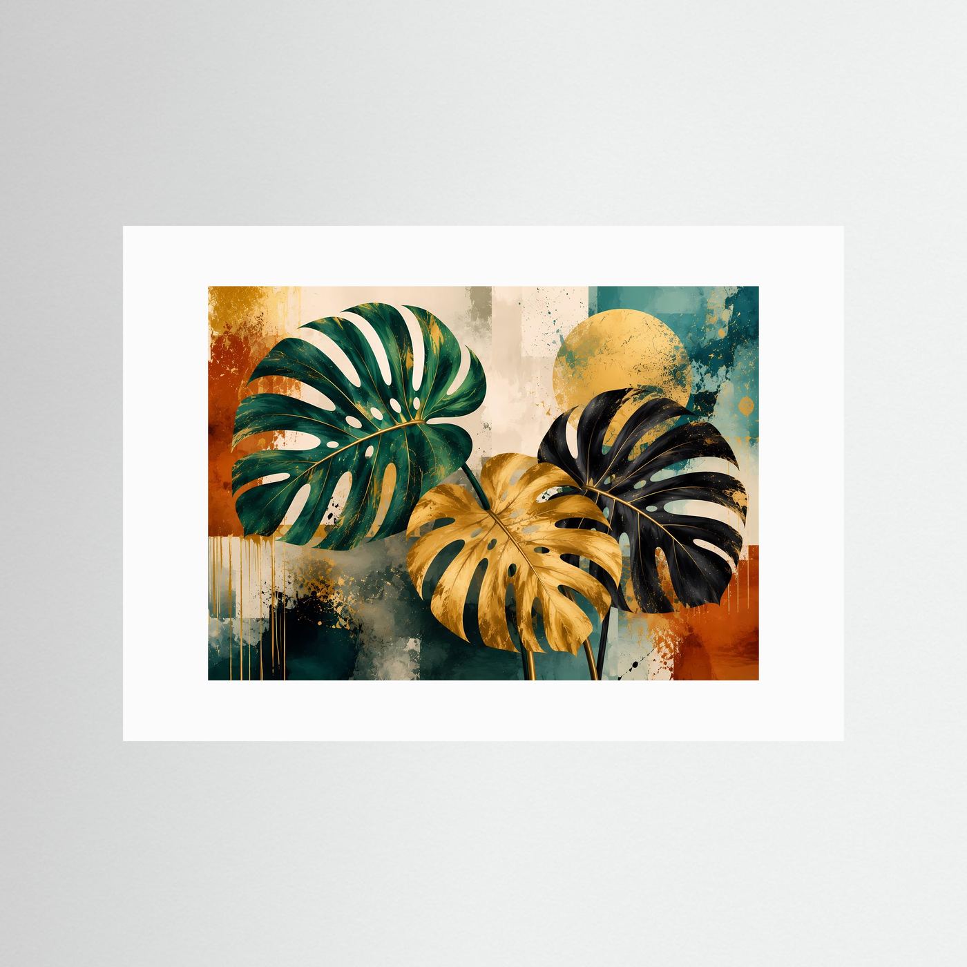 Luxuriöse Monstera Blätter in Grün, Gold & Schwarz | Abstrakte Botanische Kunst – Modernes Poster Querformat