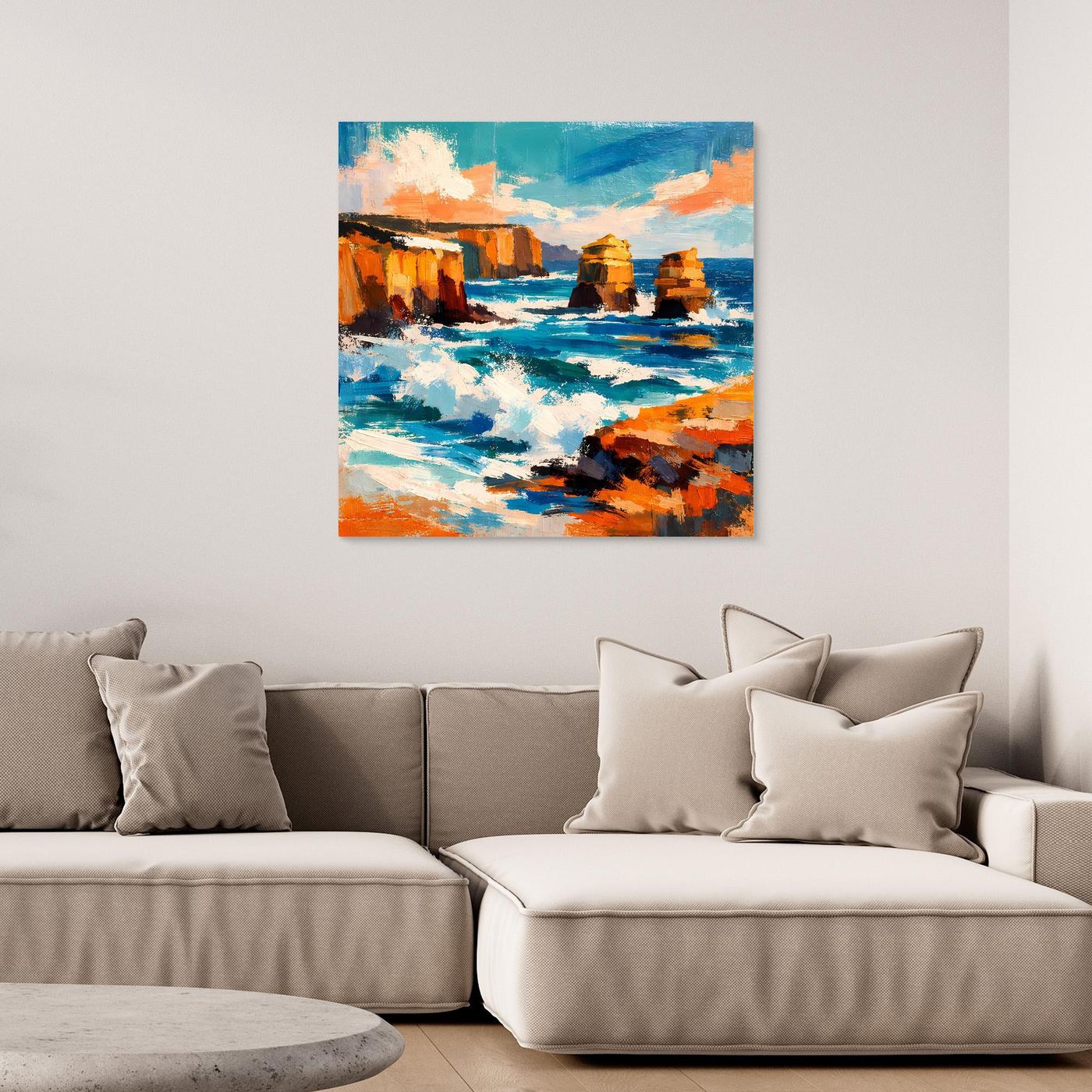 Wandbild mit abstraktem Küstenmotiv, blau-oranges Farbspiel, rahmenlos