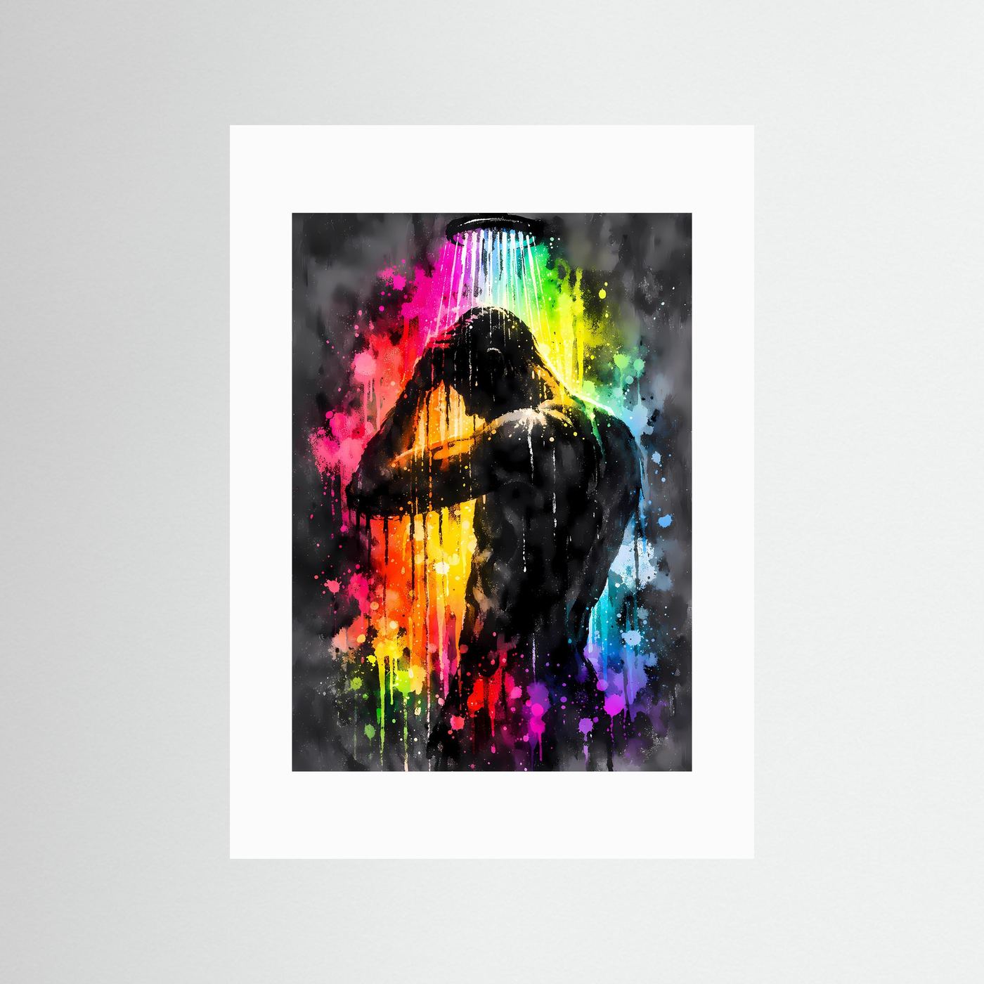 Die Kunst der Erfrischung | Neon Dusch-Poster mit männlicher Silhouette & Regenbogen-Farben | Abstraktes Pop-Art Kunstposter Hochformat