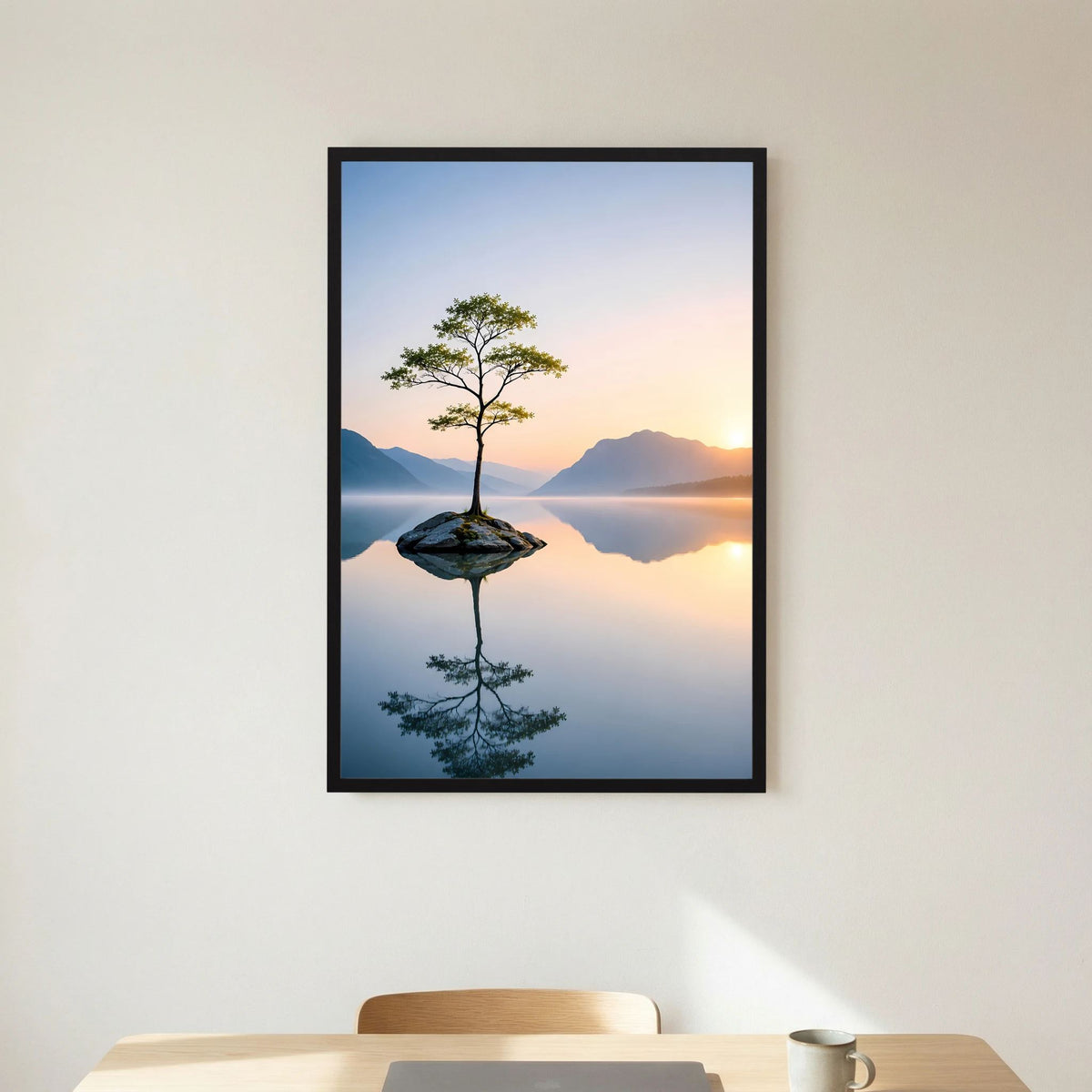 Poster im Hochformat mit schwarzem Rahmen und Baummotiv mit Spiegelbild