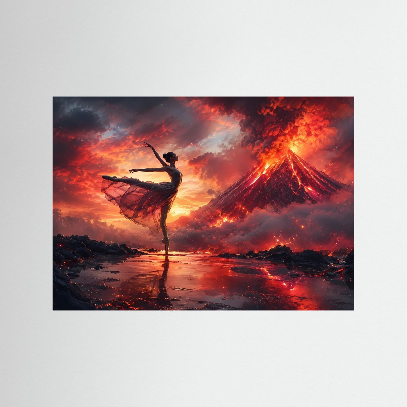 Ballerina Vulkan Poster | Tänzerin vor eruptierendem Vulkan | Dramatische Tanz Wandkunst | Moderner Kunstdruck