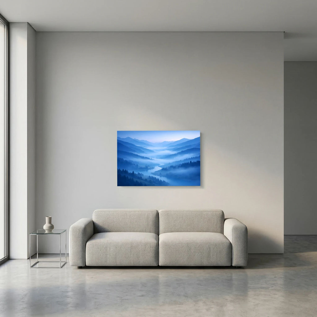 Poster im Querformat mit blauem Nebeltal und Bergpanorama