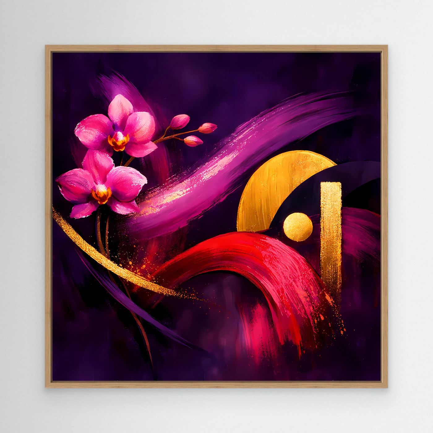 Leinwandbild im Holzrahmen: Orchideenblüten in Pink mit goldenen und roten Pinselakzenten