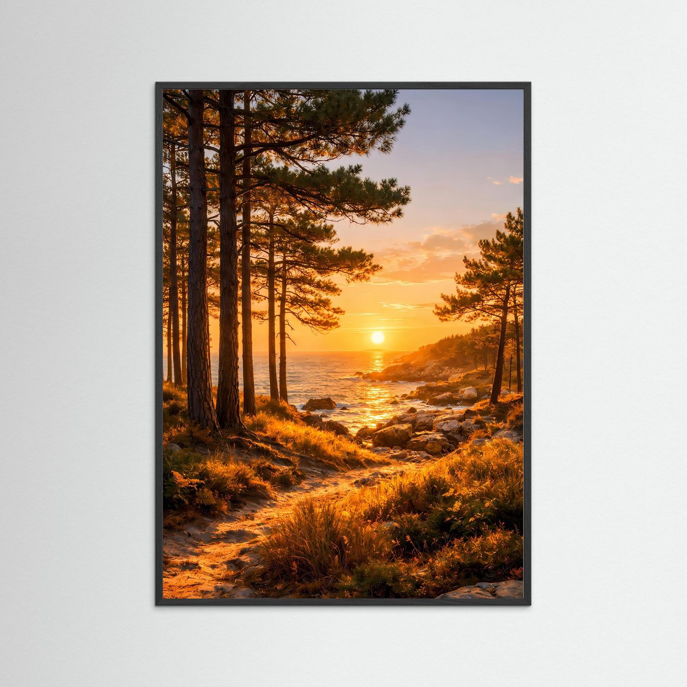 Küstenposter im Hochformat mit Pinienallee und Sonnenuntergang, im schwarzen Holzrahmen.