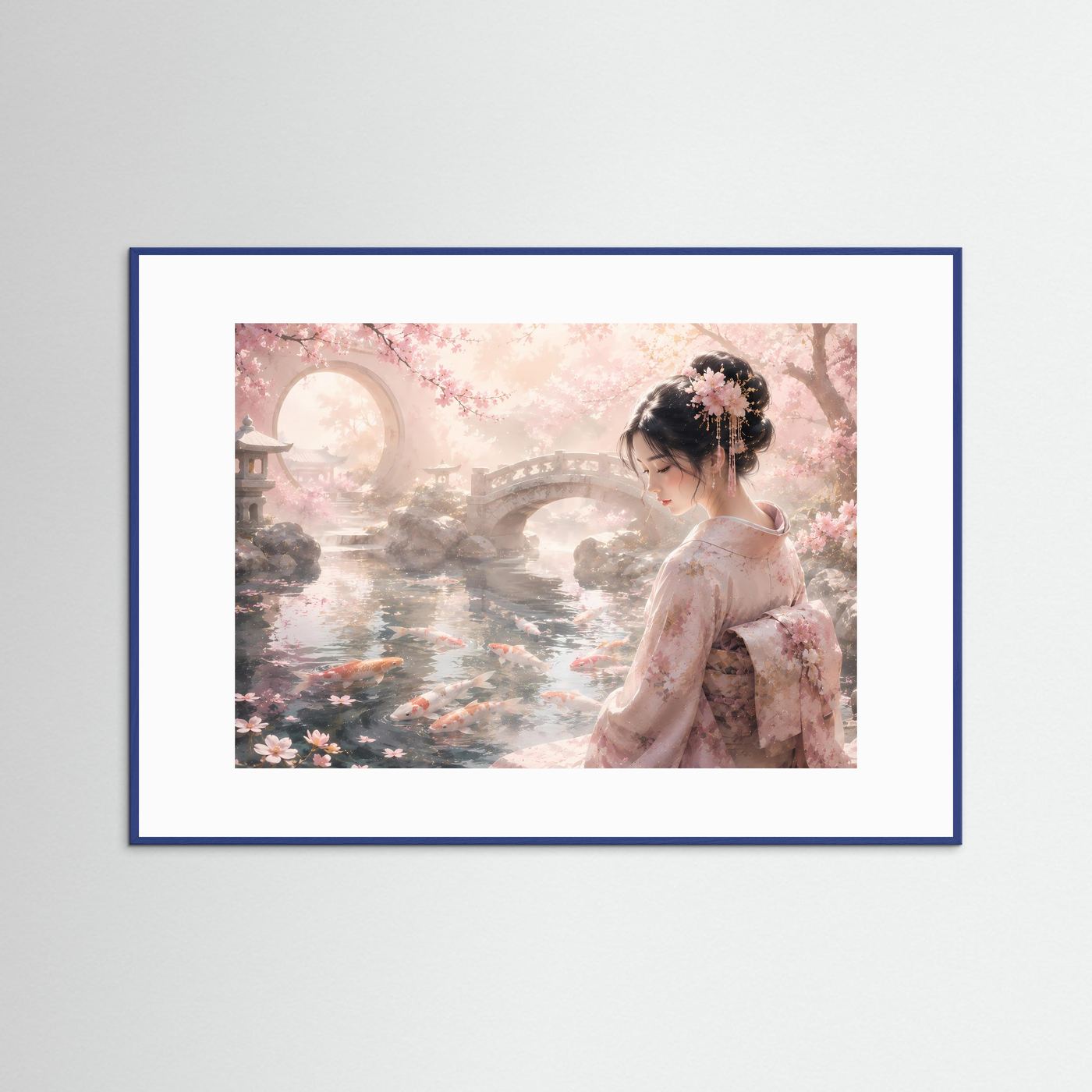 Poster im Querformat: Geisha am Koi-Teich mit Kirschblüten, blau gerahmt.