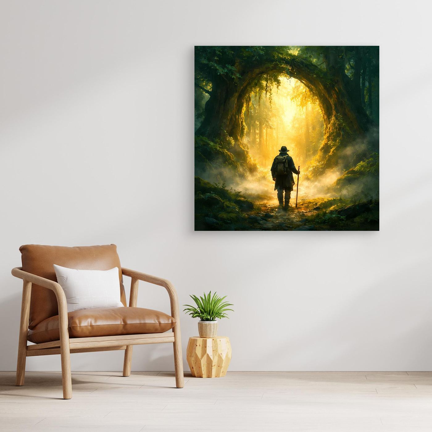 Leinwand Mystischer Wanderer am Waldportal | Abstraktes Natur Zauberwald Wandbild