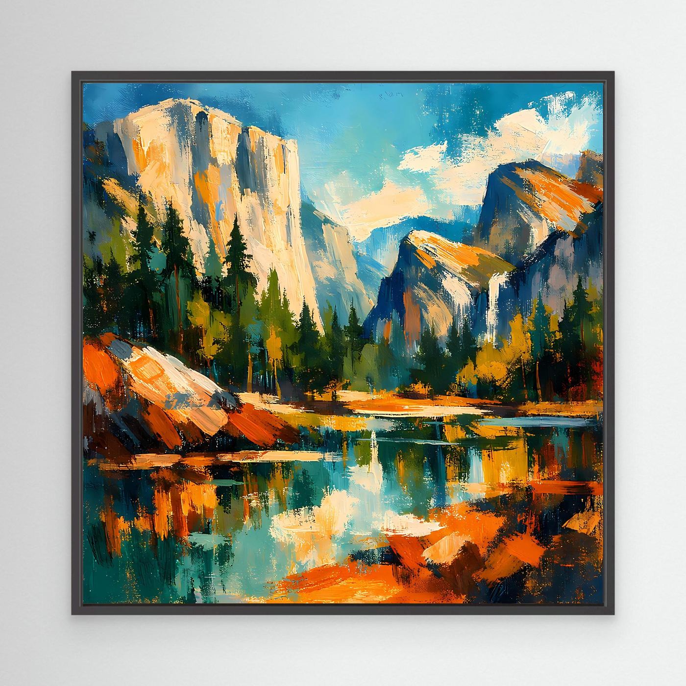 Leinwand-Wandbild mit Berglandschaft und See, schwarzer Rahmen