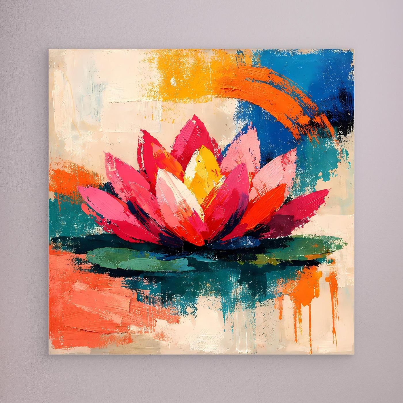 Unframed abstract lotus canvas wall art with pink and yellow bloom over orange, blue, and green paint