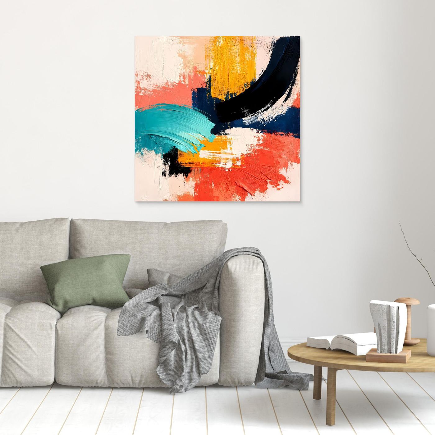 Framed abstract canvas wall art with coral, teal, yellow and navy brushstrokes