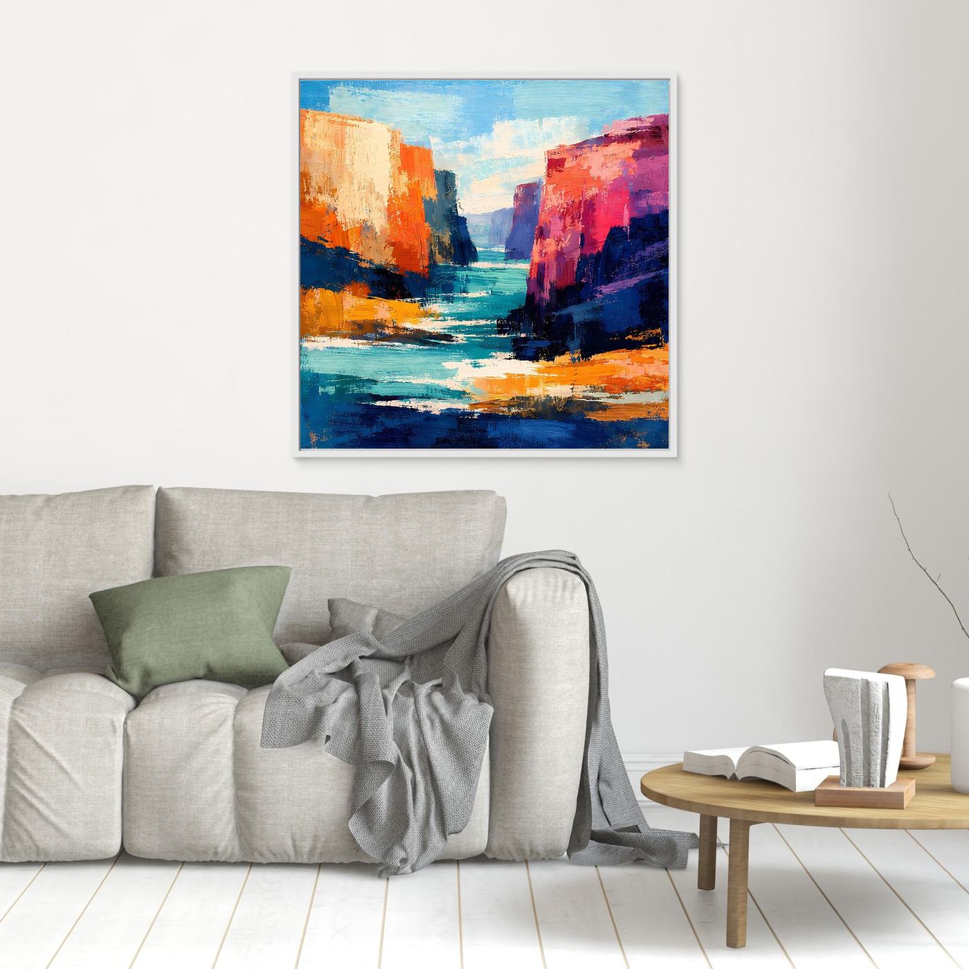 Gerahmtes Wandbild mit abstraktem Fluss zwischen Canyon-Felsen, blau-orange, brauner Rahmen