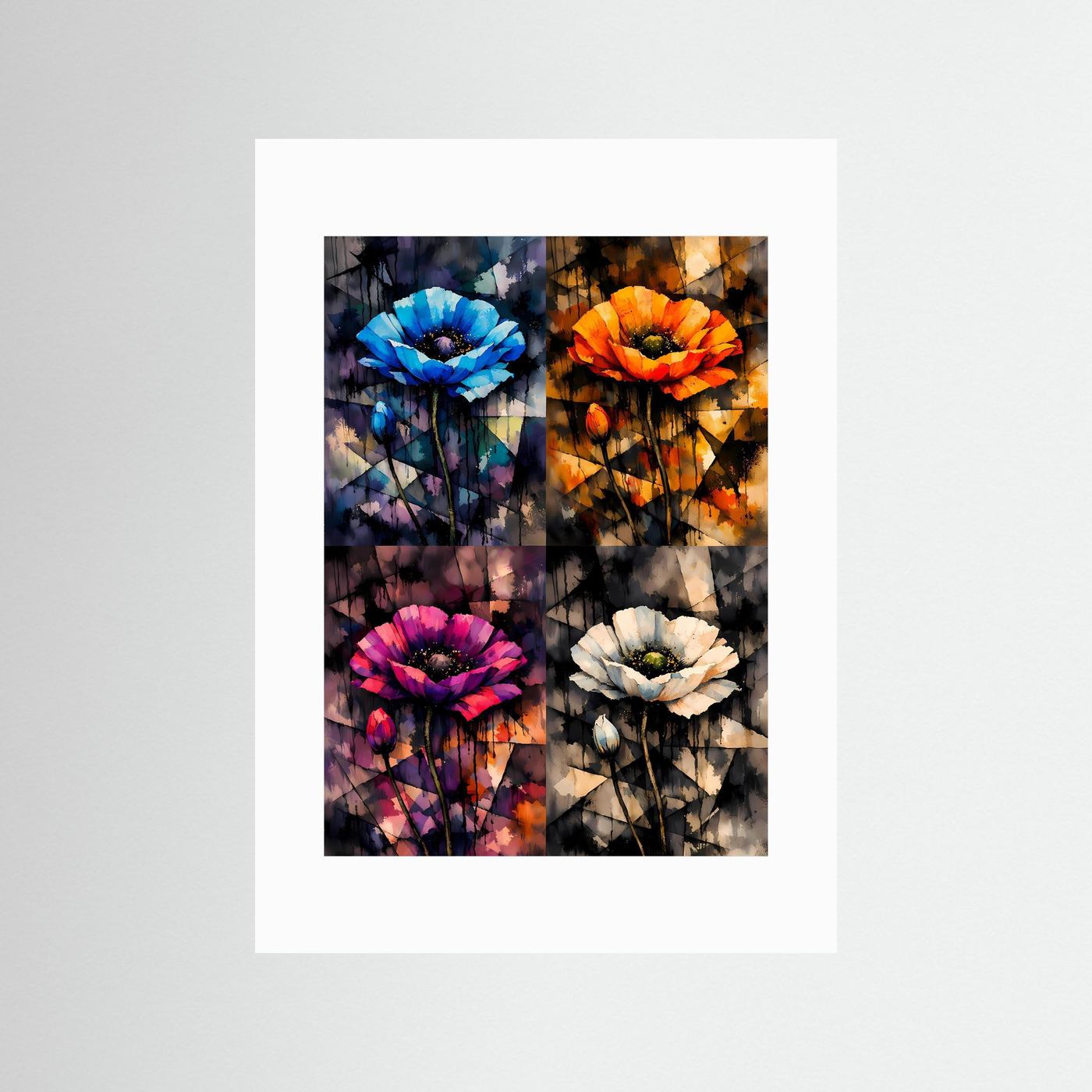 The Pop Art Poppies | Luxuriöses Mohnblumen Poster 4-in-1 Bunt & Dunkel | Abstraktes Blumen Kunstposter Hochformat