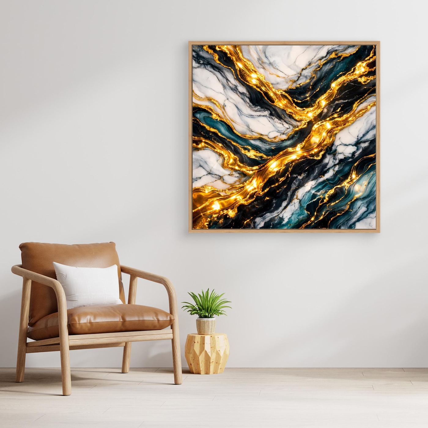 Gerahmtes Leinwandbild mit abstrakter Goldmarmor-Optik, Smaragdblau, Weiß und Goldadern