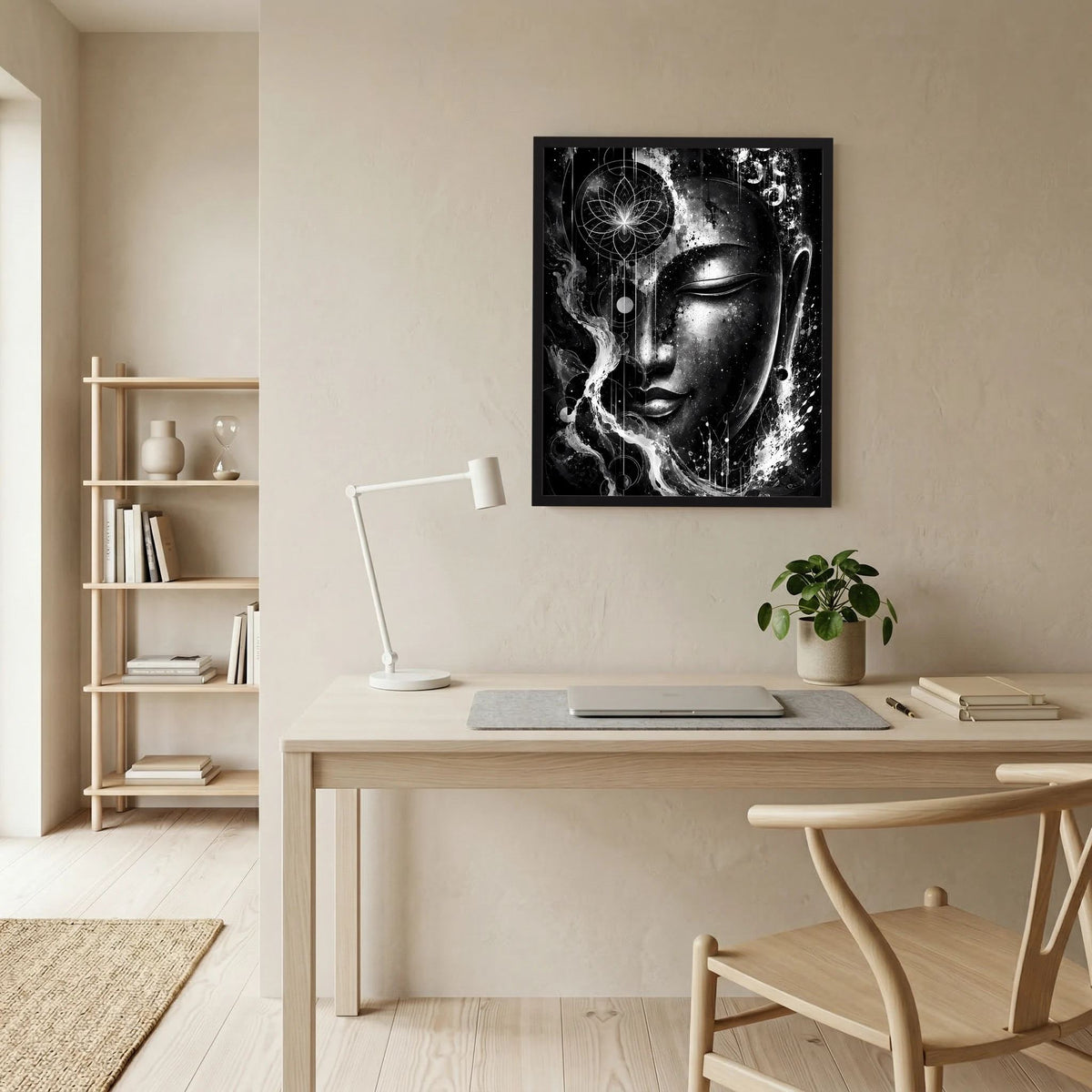 Gerahmtes Poster mit Buddha-Gesicht in Schwarzweiß, dynamische Mandala-Linien