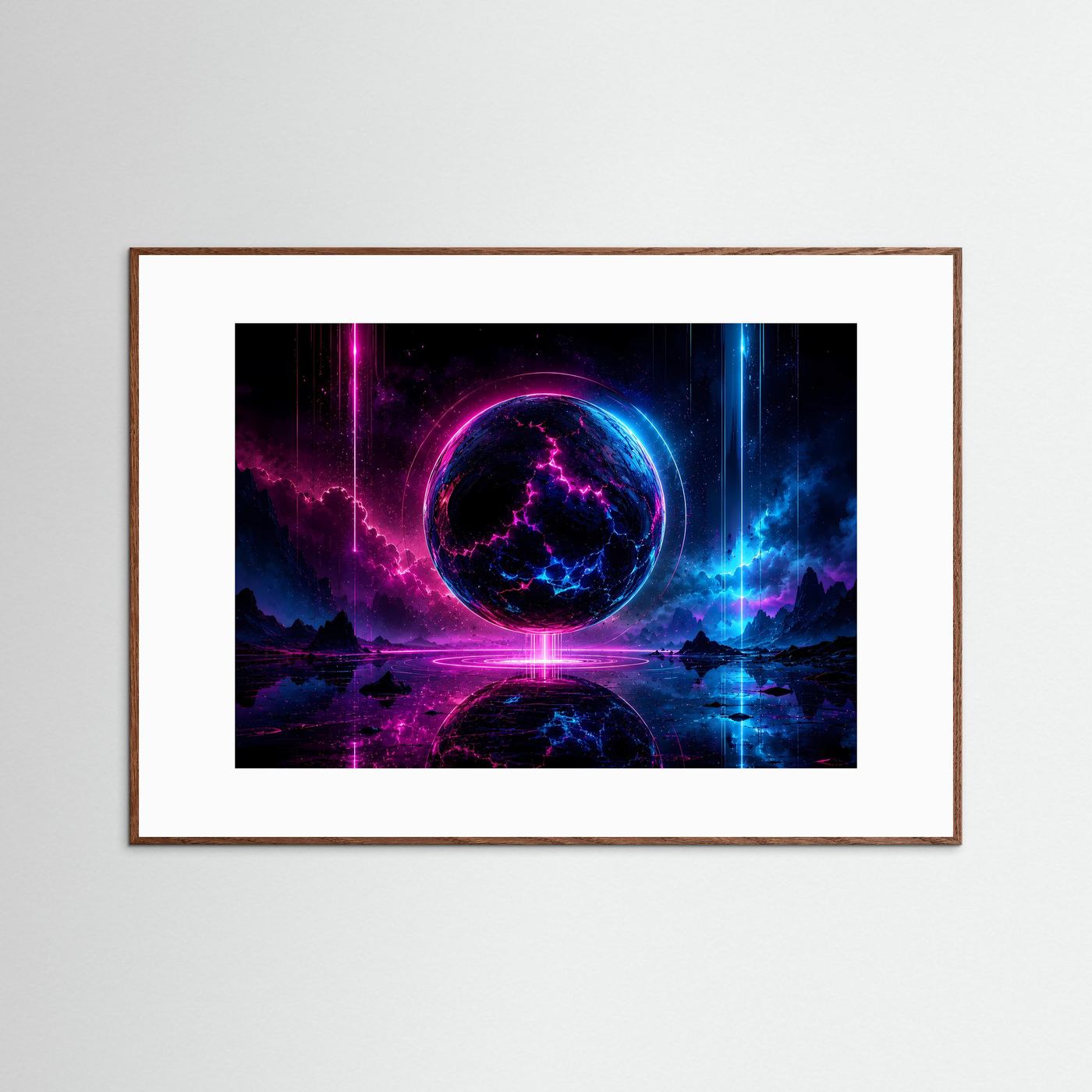 Neon Sphäre Poster Querformat | Futuristische Kosmische Wandkunst in Pink & Blau | Sci-Fi Wandbild Modern
