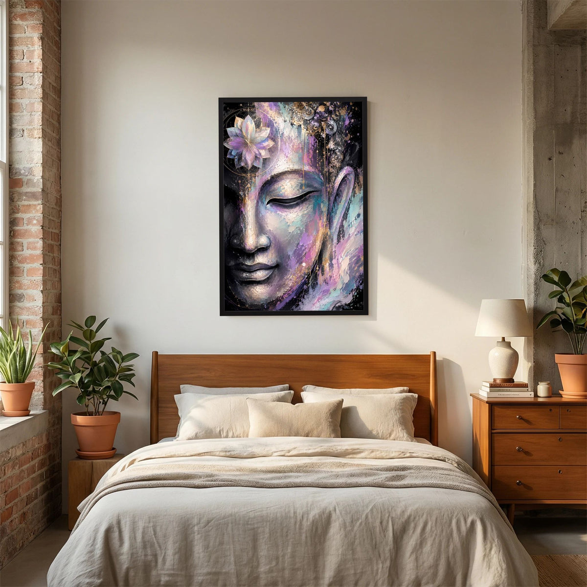 Kunstposter im schwarzen Rahmen über dem Bett: abstraktes Buddha-Gesicht mit Lotus-Motiv