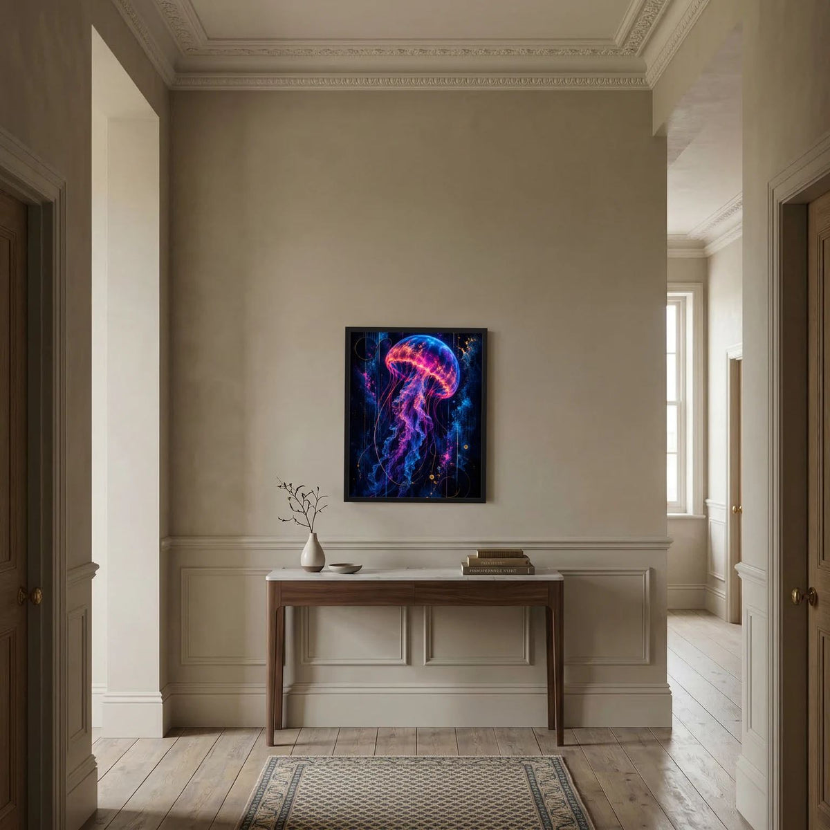 Gerahmtes Hochformat-Poster der leuchtenden Qualle in Neonpink, Blau und Gold