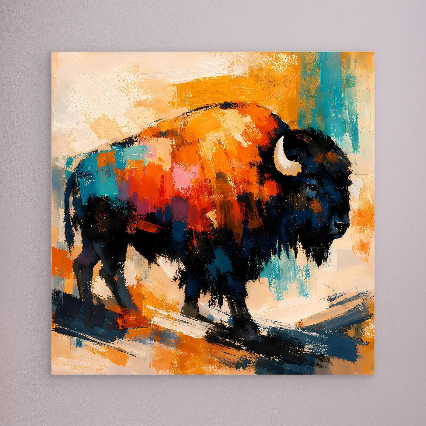 Abstract bison canvas wall art with dark silhouette and orange, teal, and blue paint strokes