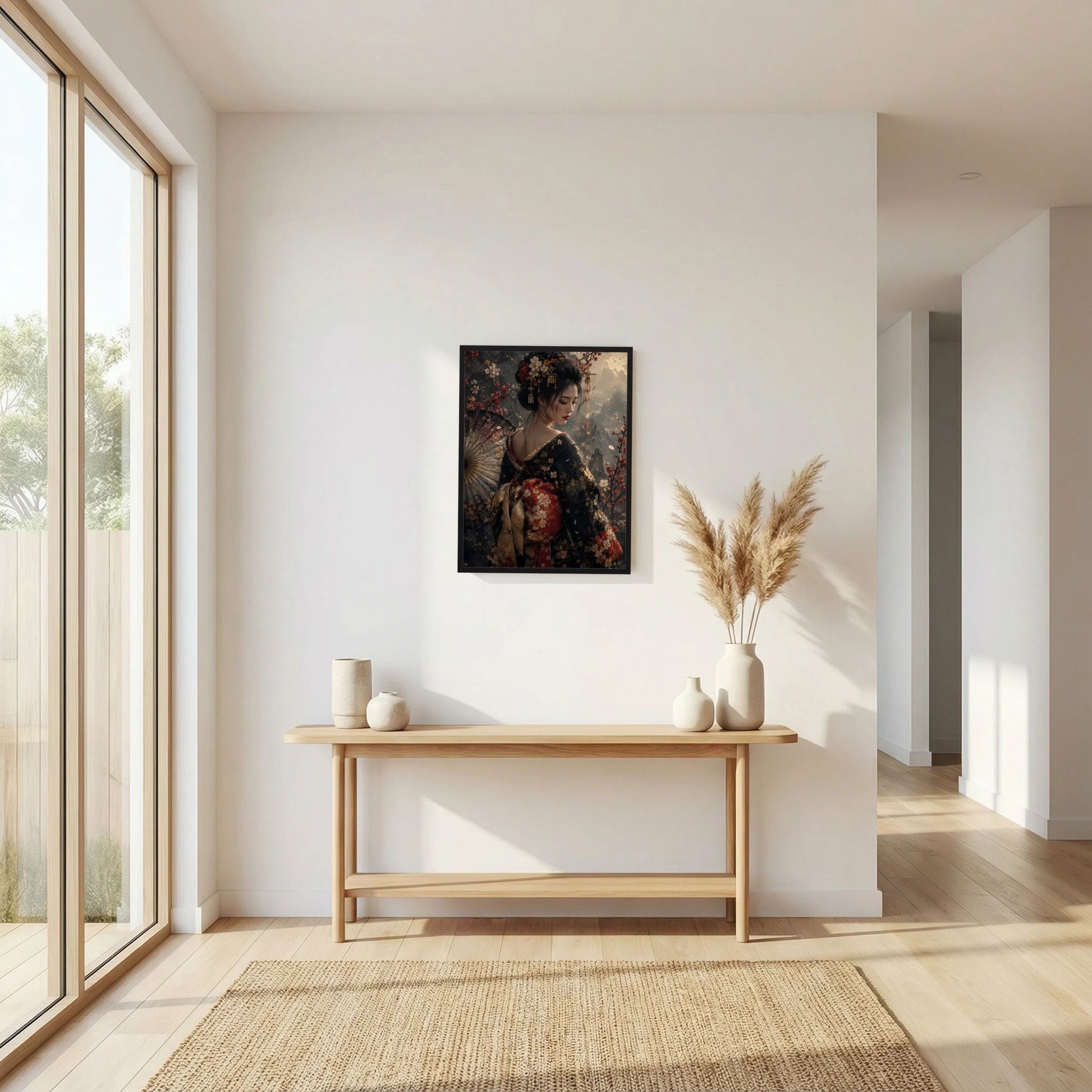 Poster mit japanischer Geisha im floralen Kimono, schwarzer Rahmen, zentrisches Motiv