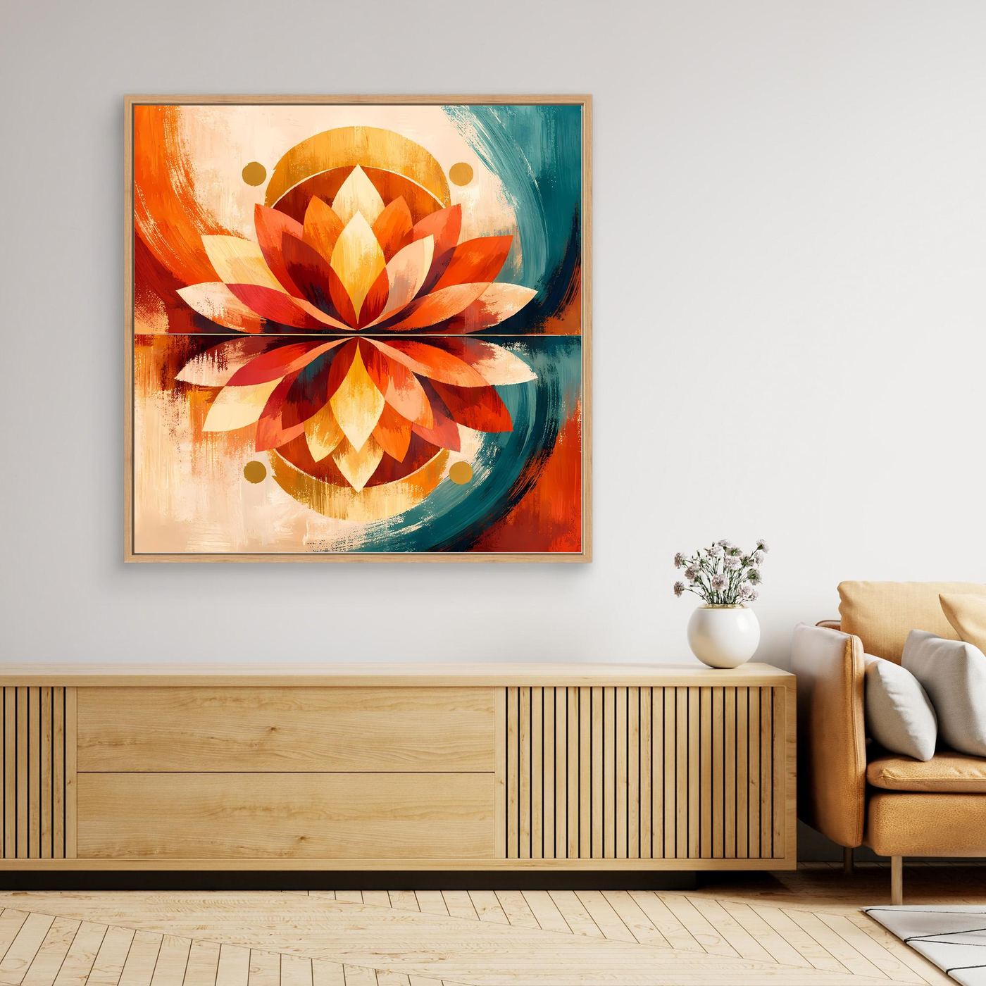 Gerahmtes Leinwandbild mit zentraler Lotusblüte, orangefarbene Segmente und türkisfarbige Kreise