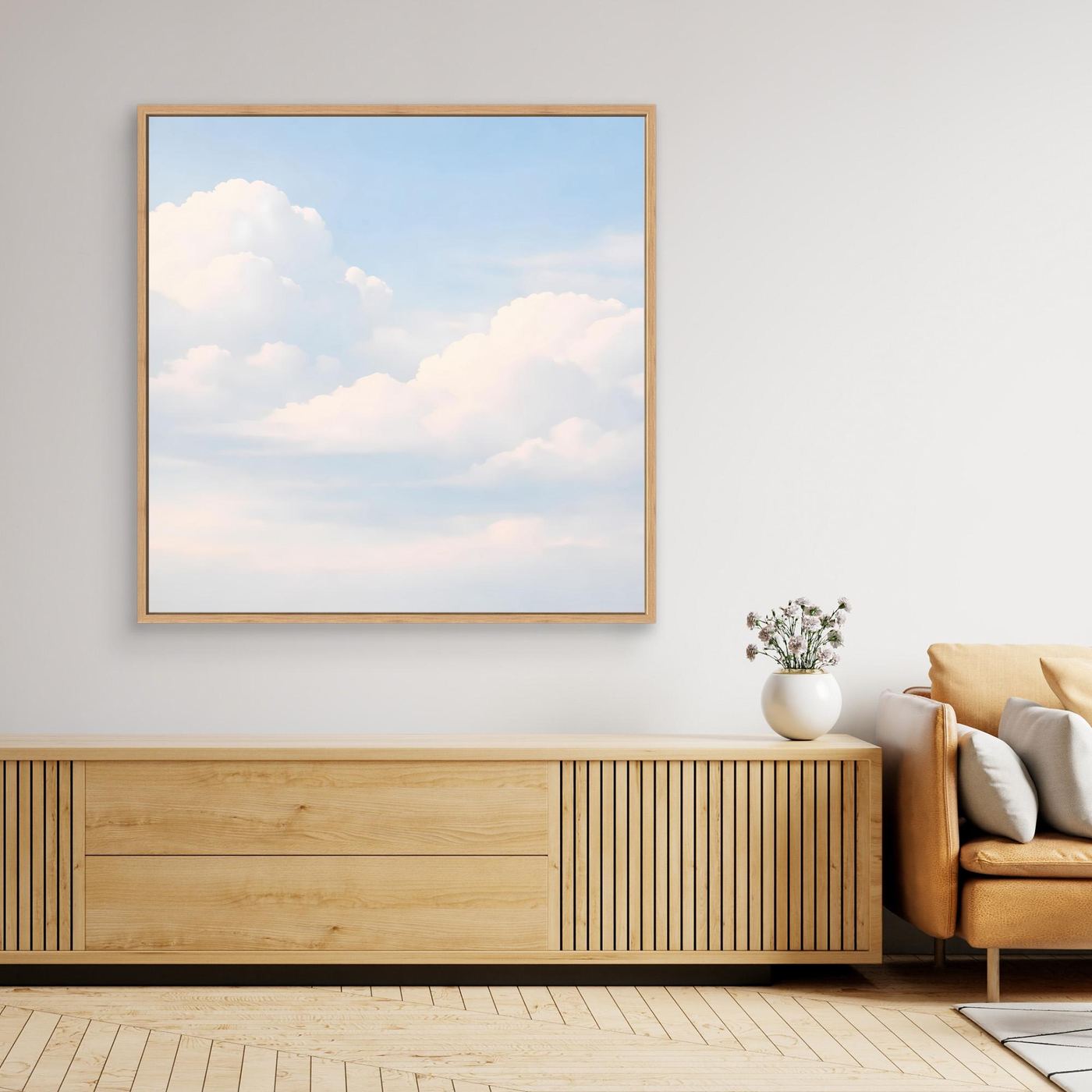 Leinwandbild mit pastellfarbenem Himmel und sanften Wolken, Eichenrahmen