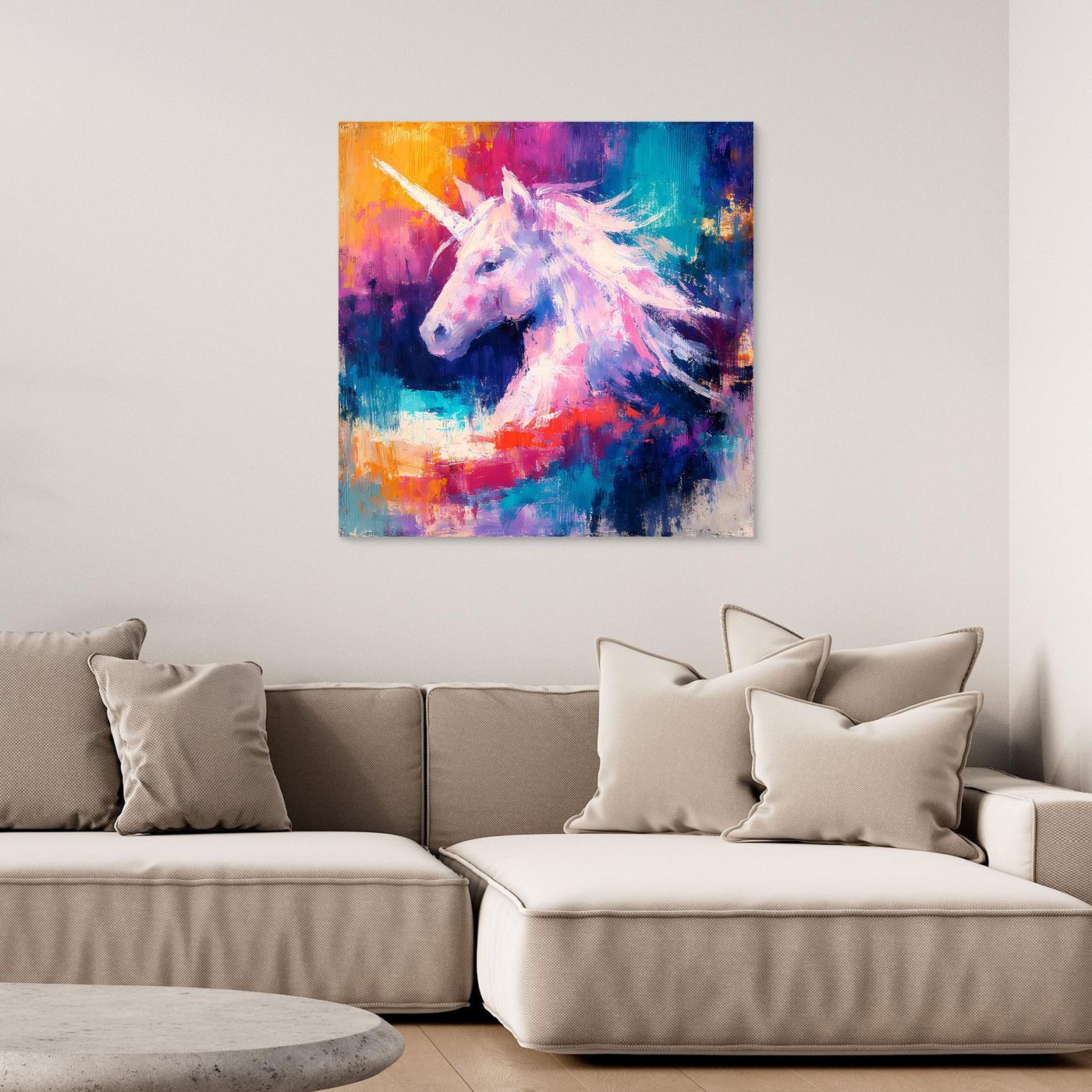 Leinwand Elegantes Einhorn im Farbenmeer | Abstraktes Fantasy & Pastell Wandbild