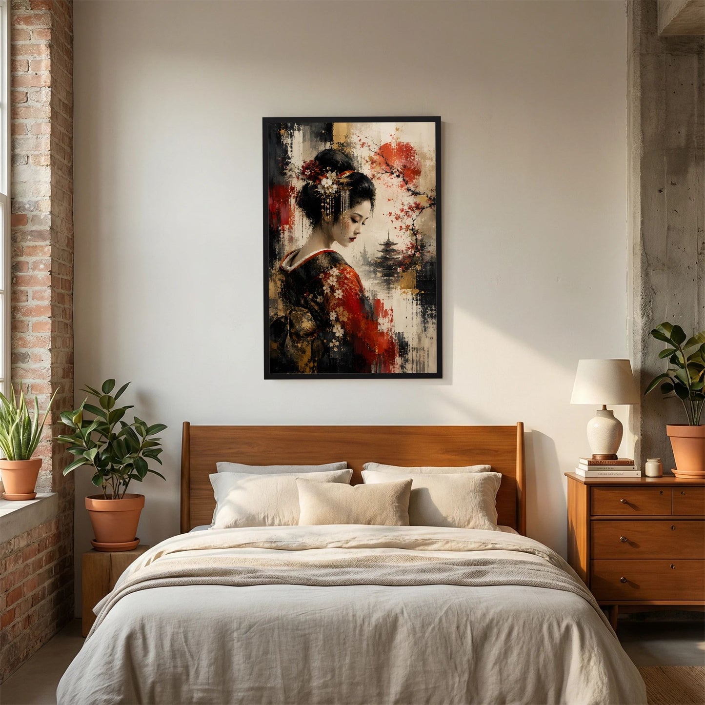 Kunstposter im Hochformat: Geisha mit roten Akzenten, Kirschblüten und Pagode, schwarz gerahmt.