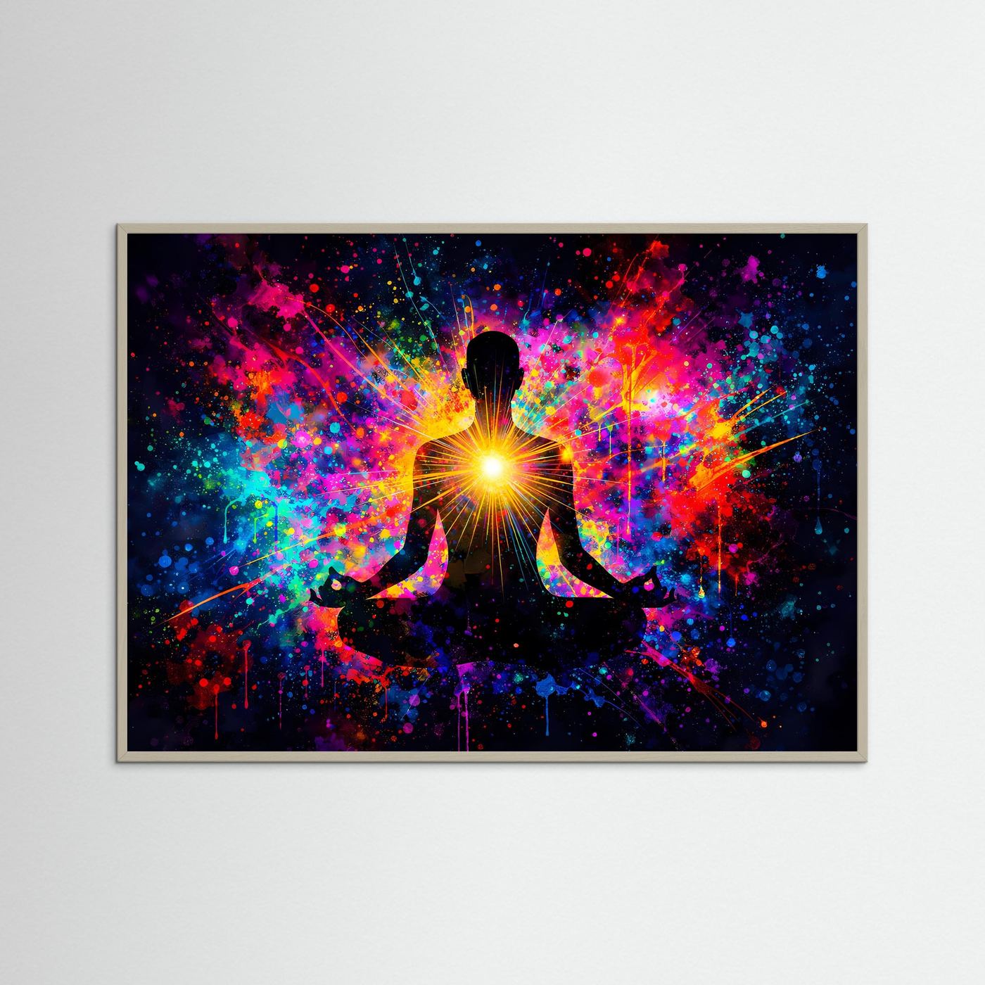 Gerahmtes Yoga-Poster mit meditierender Person und leuchtendem Herz-Chakra, mehrfarbiger Lichtglanz
