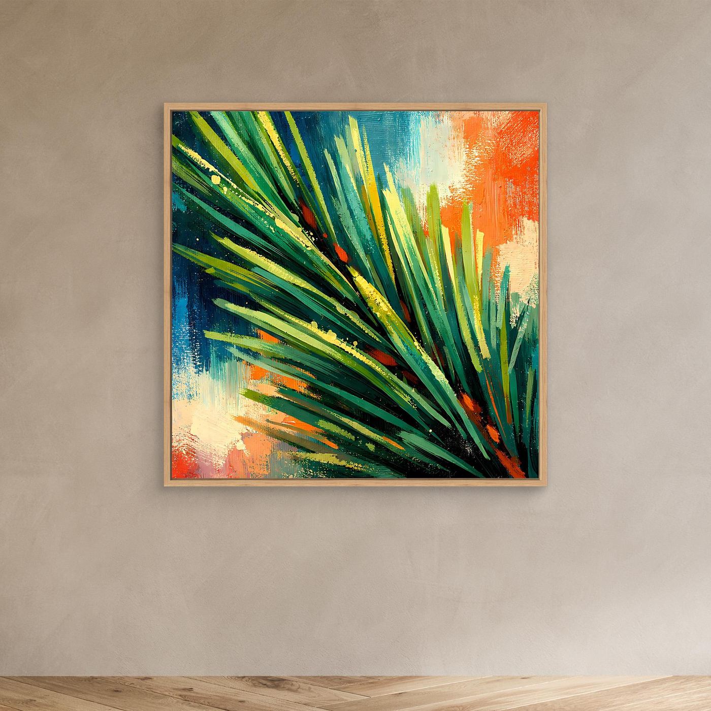 Abstraktes Leinwand-Wandbild mit grünen Pflanzenstreifen und orangefarbenem Farbverlauf, Holzrahmen
