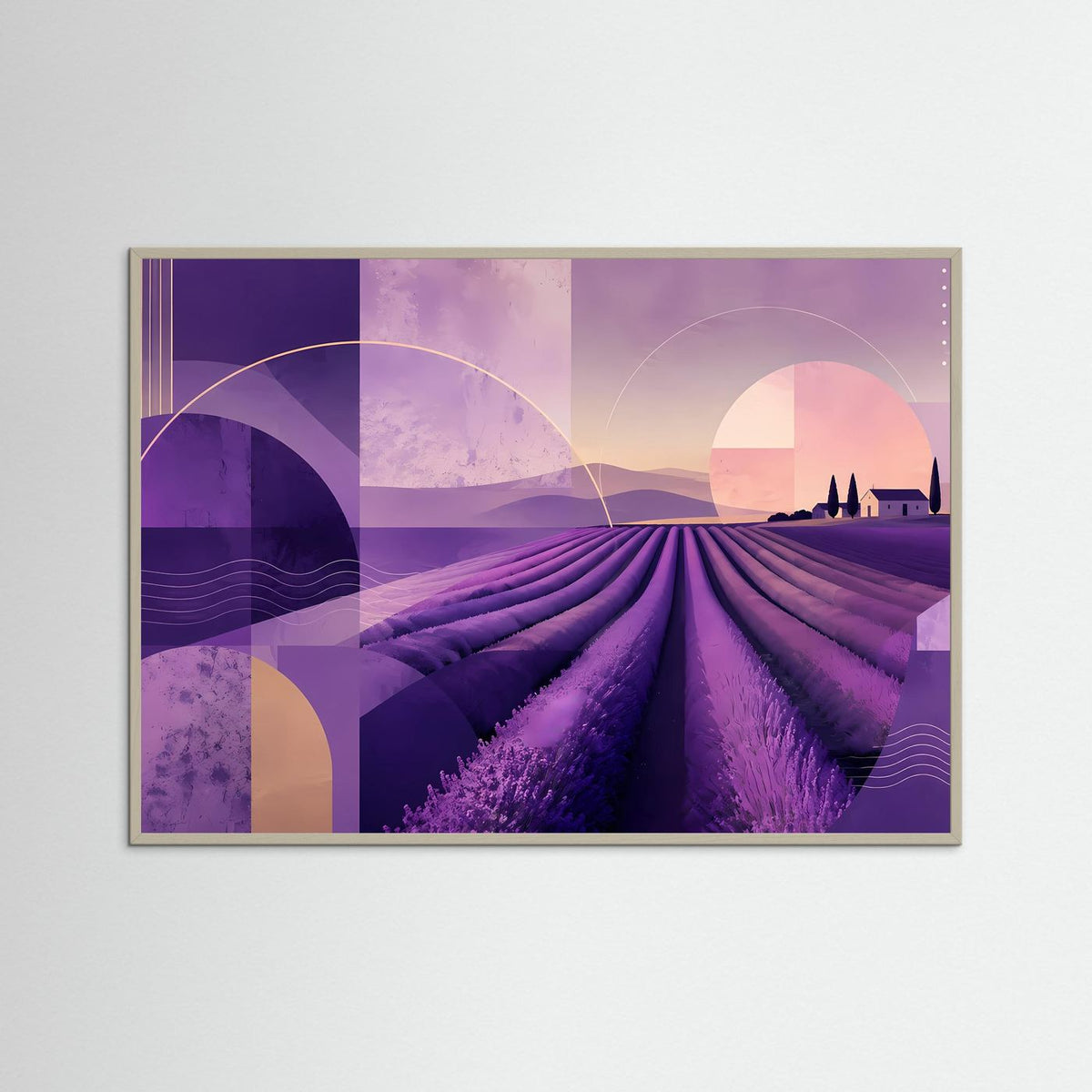 Abstrakte Lavendellandschaft in Violett und Rosa mit hellem Holzrahmen.