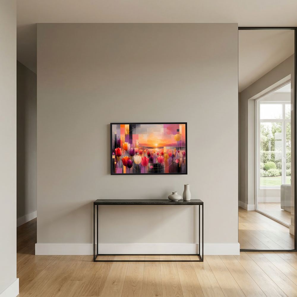 Querformat-Poster mit abstrakten Tulpen und Sonnenuntergang im schwarzen Rahmen