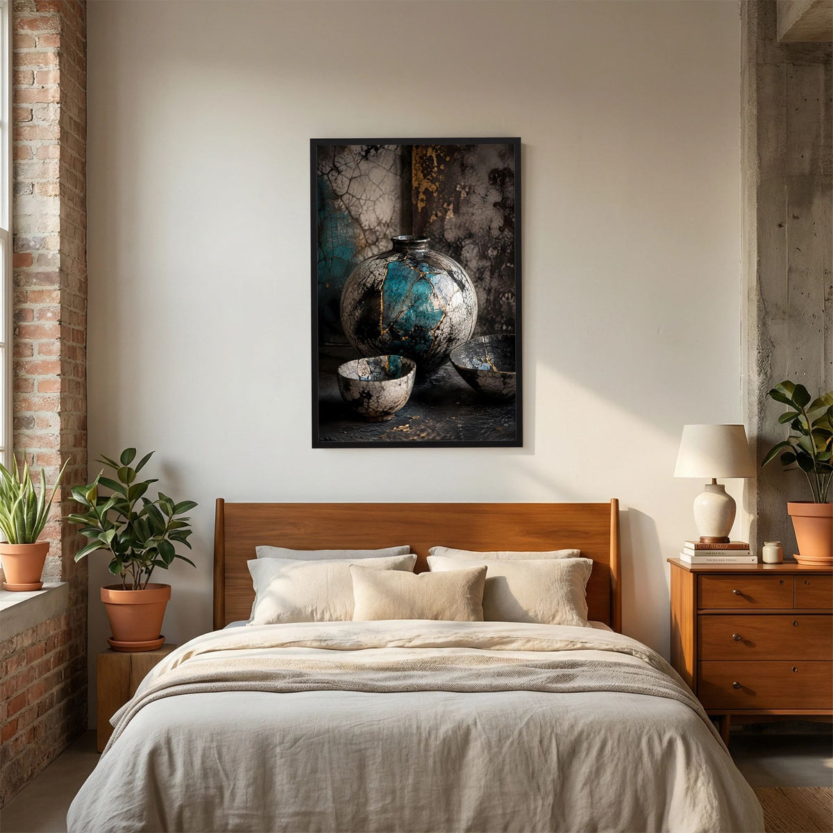 Schwarz gerahmtes Poster im Hochformat mit türkis-goldener Keramikvase und Schalen
