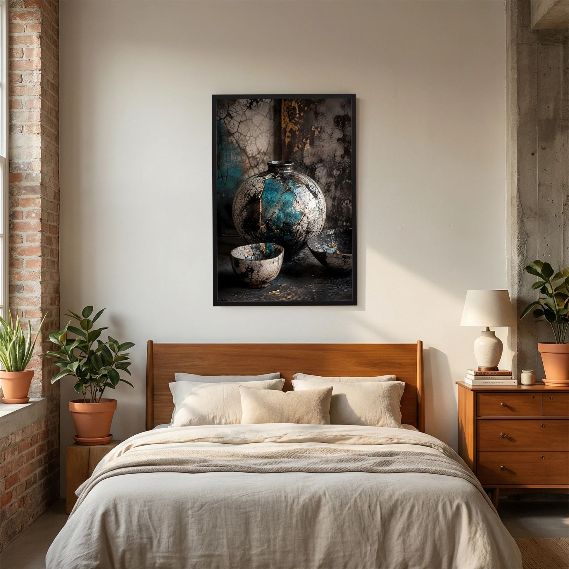 Schwarz gerahmtes Poster im Hochformat mit türkis-goldener Keramikvase und Schalen