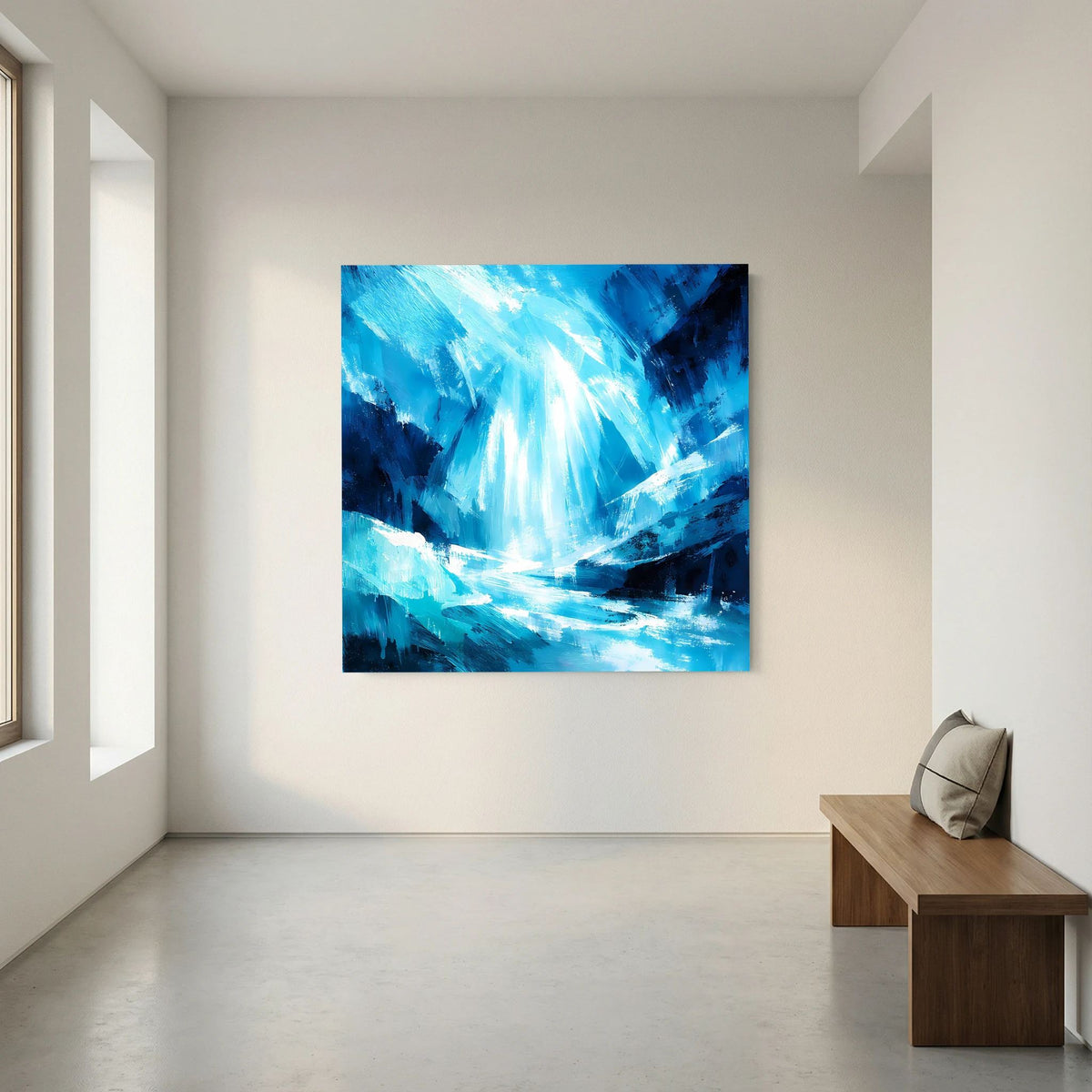 Leinwand-Wandbild mit blauem abstraktem Eiswasserfall, dynamischen Pinselstrichen