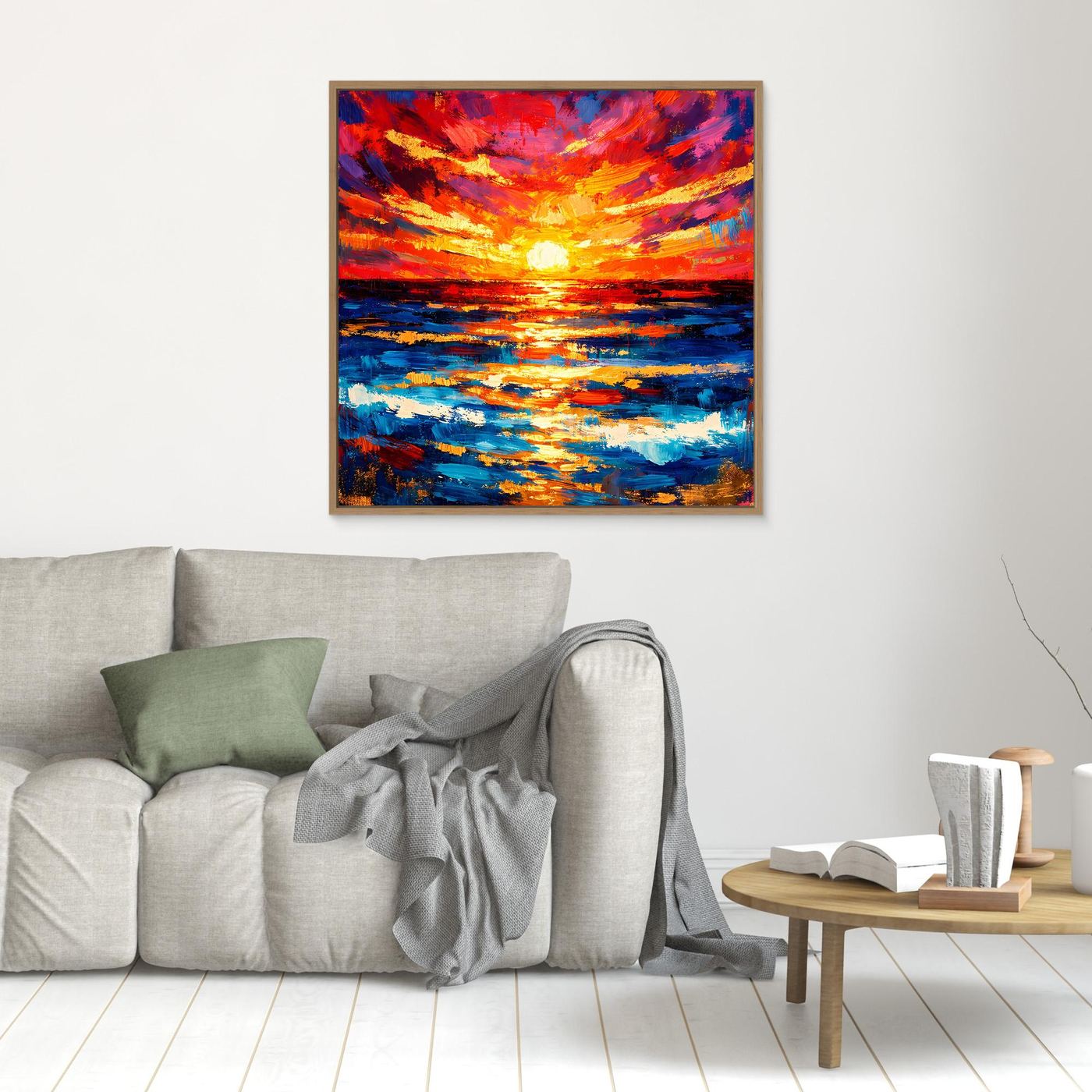 Leinwandbild mit abstrahiertem Sonnenuntergang über dem Meer, kompakt gerahmt, dünner hellbrauner Rahmen.