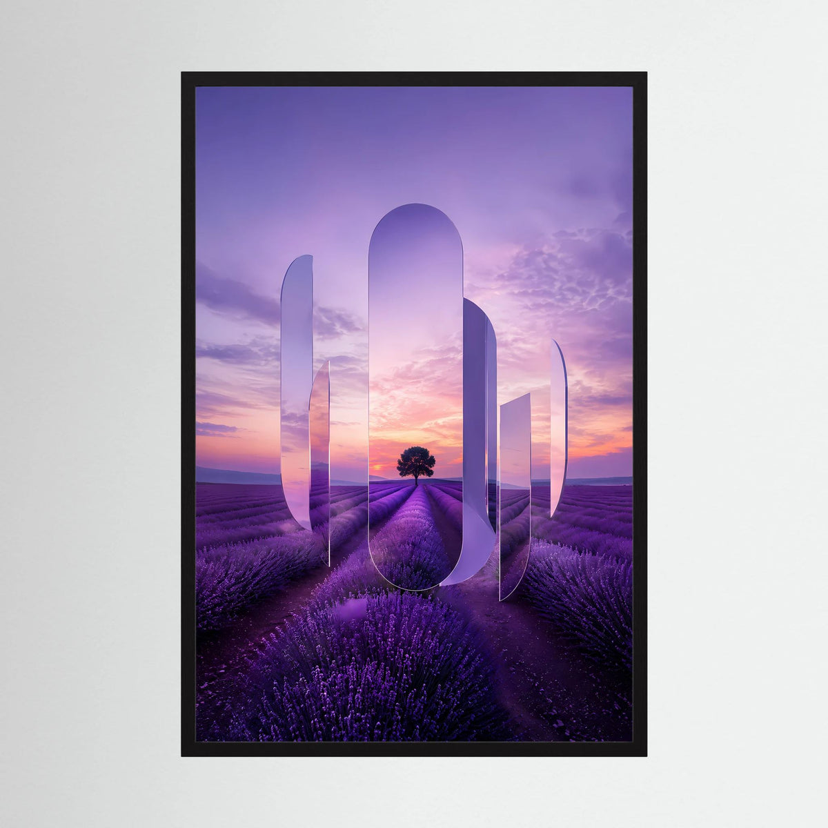 Kunstposter im Hochformat im schwarzen Rahmen: Lavendelfeld mit violetten Spiegelbögen