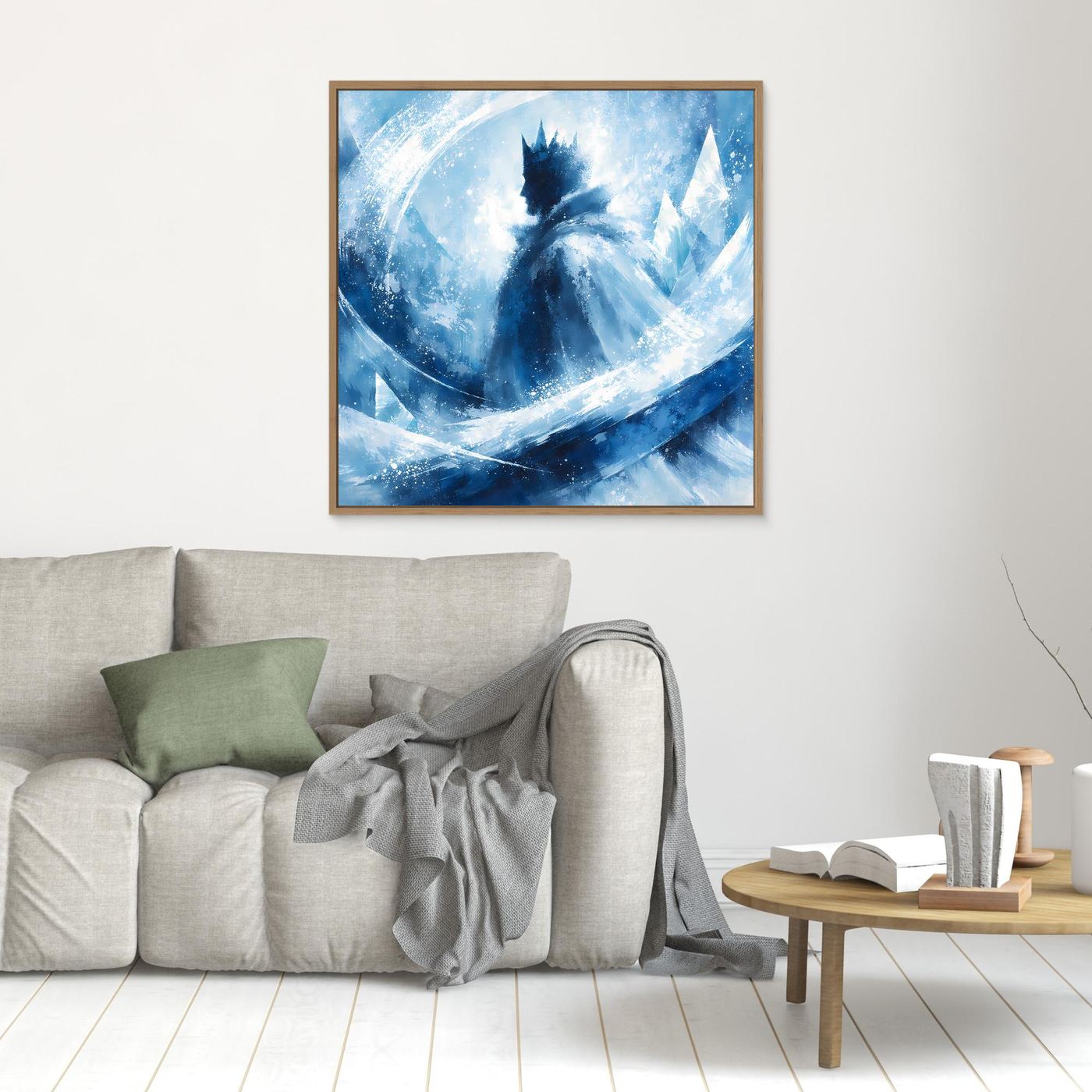 Leinwandbild mit abstraktem Wintermotiv in Blau, Silhouette mit Krone, Holzrahmen, klein