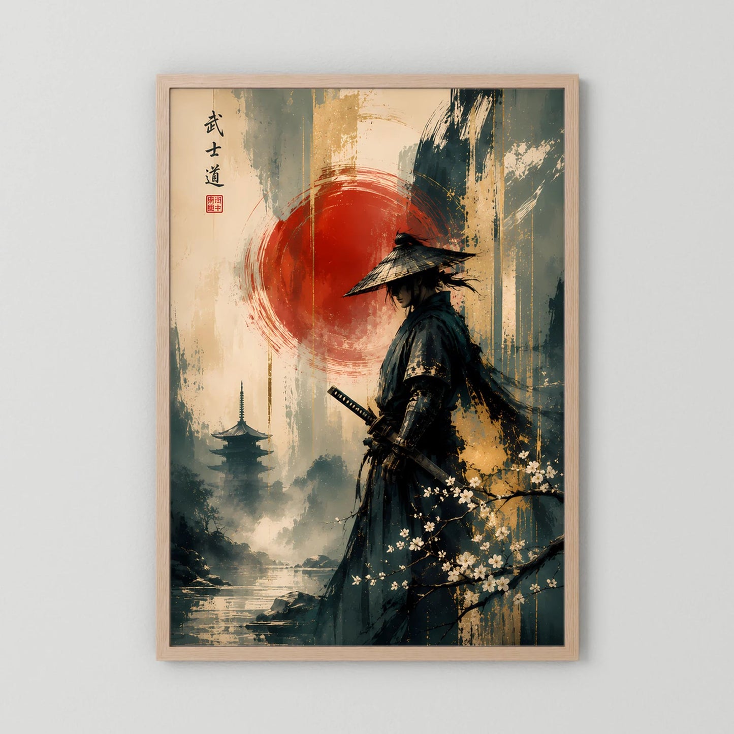 Hochformat-Poster mit Samurai-Krieger vor roter Sonne, dunkles Gewand, Holzrahmen