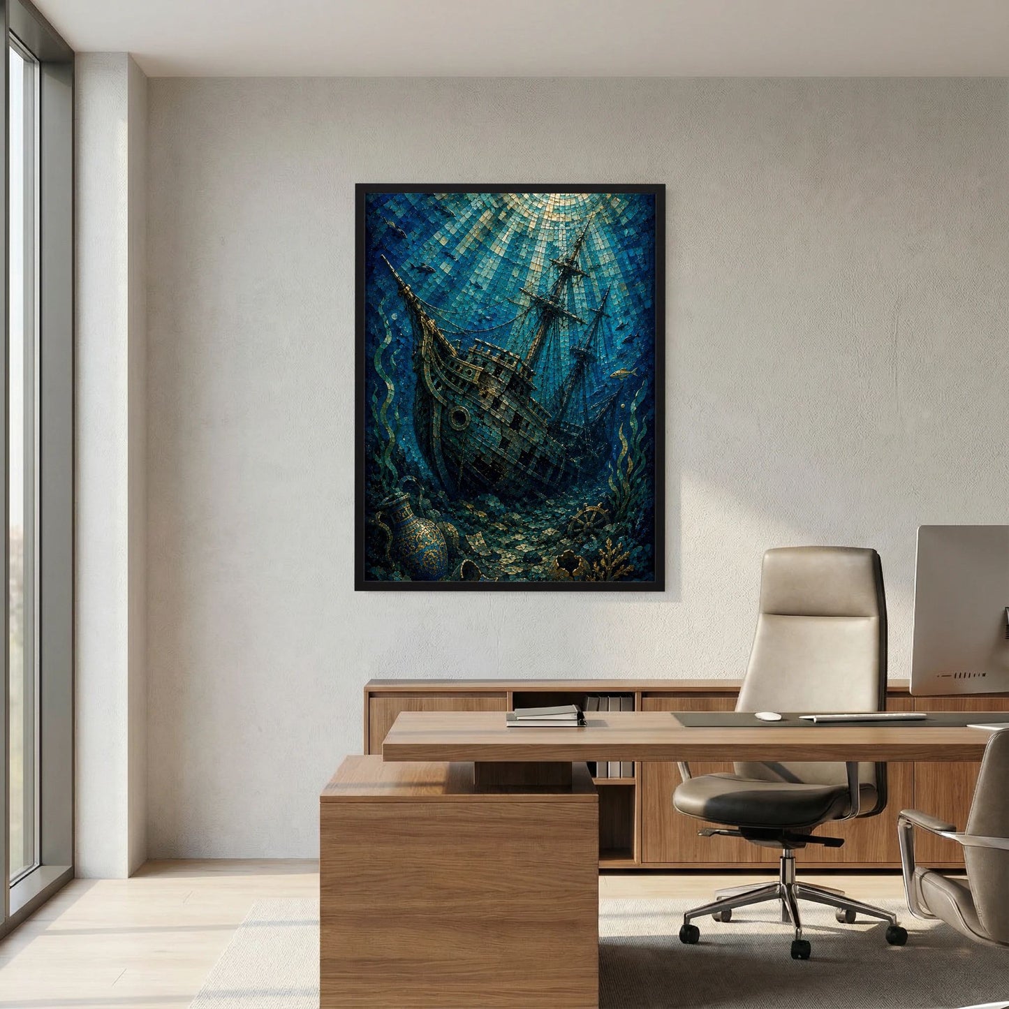 Poster mit versunkenem Segelschiff im Mosaikstil, blau und gold