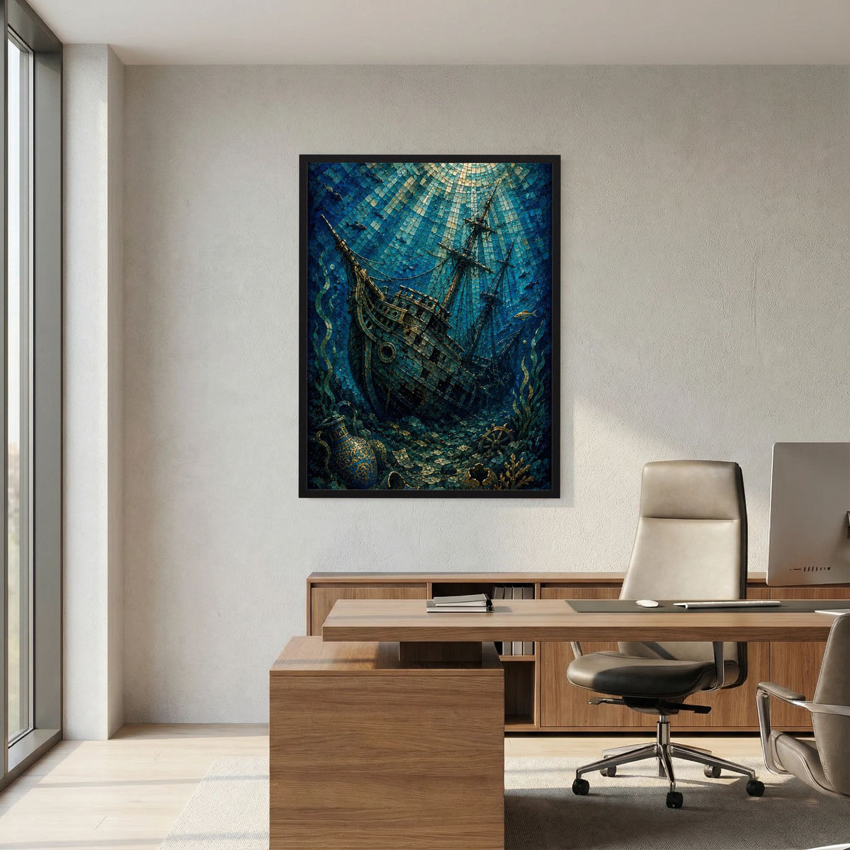 Poster mit versunkenem Segelschiff im Mosaikstil, blau und gold