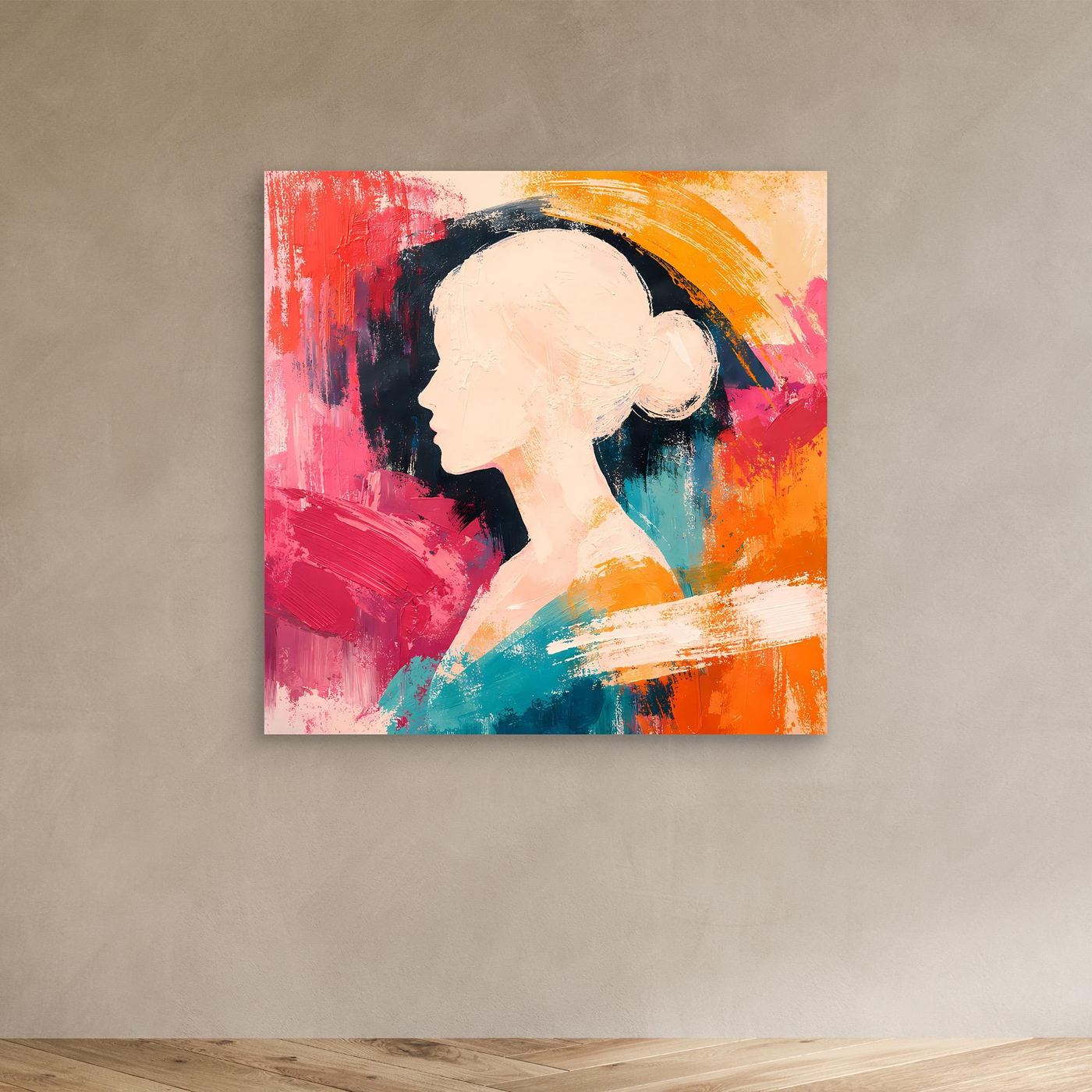 Abstract women portrait canvas with colorful silhouette and hat-shaped hair, unframed