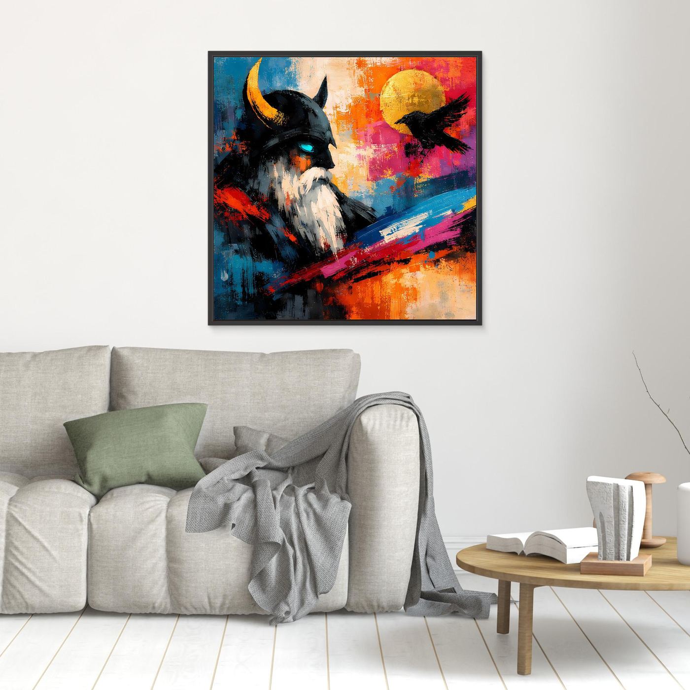 Leinwand-Wandbild mit abstraktem Motiv von Odin und Rabe, mehrfarbig