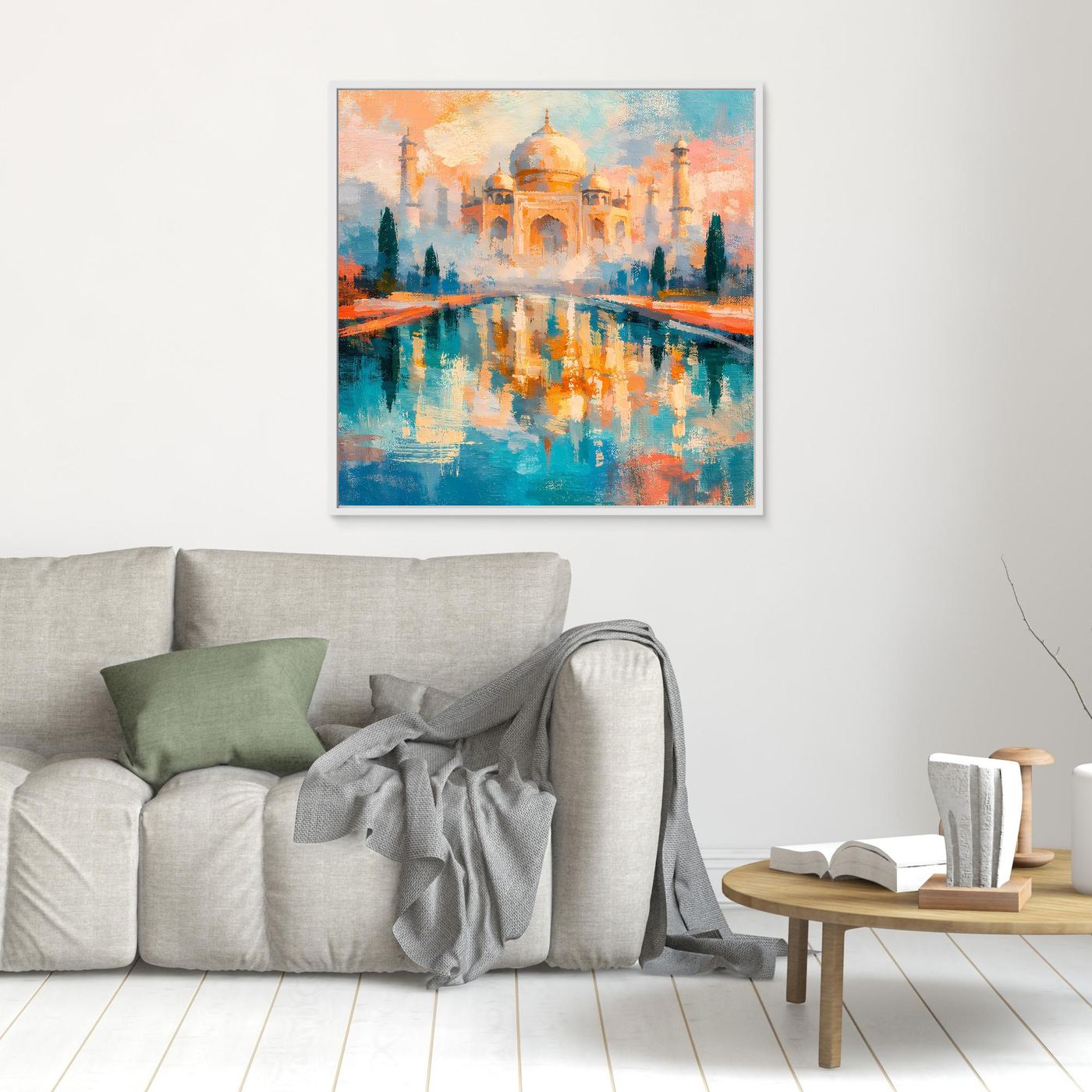 Wandbild mit Taj-Mahal-Motiv und Spiegelung im Wasser, hell gerahmt, Wohnbereich