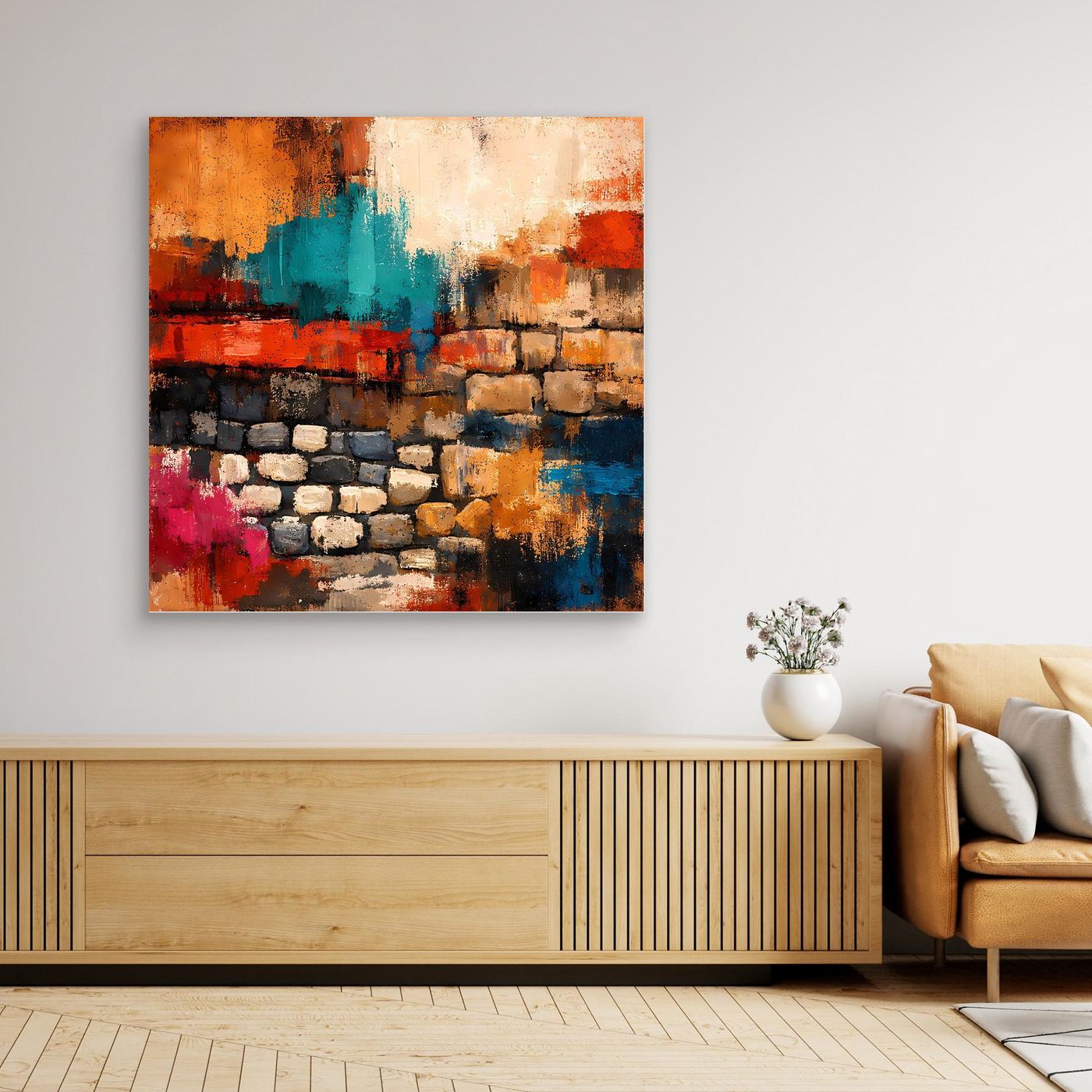 Nahe gerahmtes Leinwand-Wandbild mit abstrakter Steinmauer: Erdtöne, Türkis, Rot und Blau.