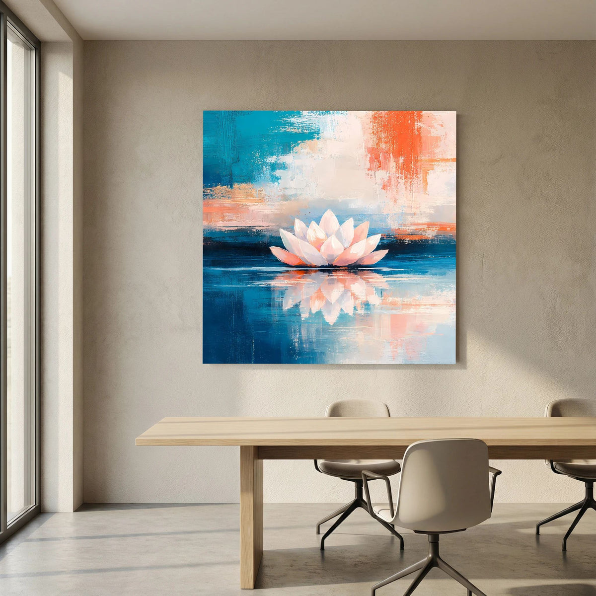 Leinwandbild mit Lotusblüte und Wasserspiegelung, blaues Feld mit orange-roten Bereichen.