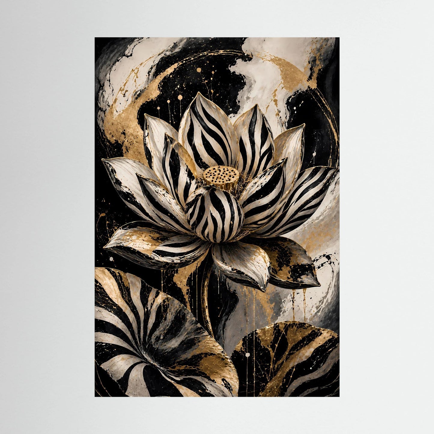 Abstraktes Lotusblüten-Poster, gestreifte Blume in Schwarz und Gold, Nahansicht