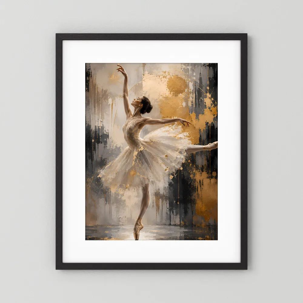 Poster mit abstrakter Ballerina in Creme und Gold, schwarzer Rahmen und weißer Rand