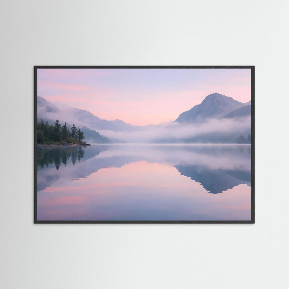 Wandkunst Bergsee-Landschaft im Dämmerlicht mit schwarzem Rahmen, rosa-blaue Farbtöne