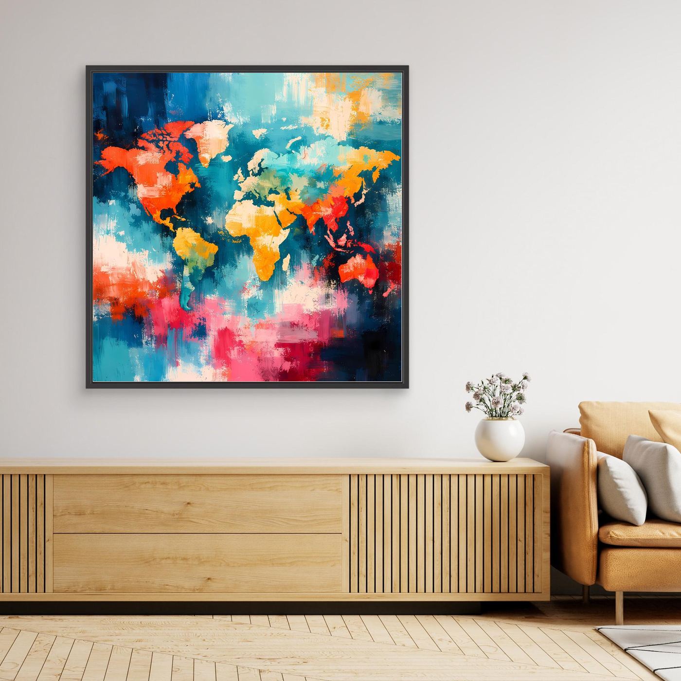 Framed canvas abstract world map with colorful splashes and dark blue background, black frame